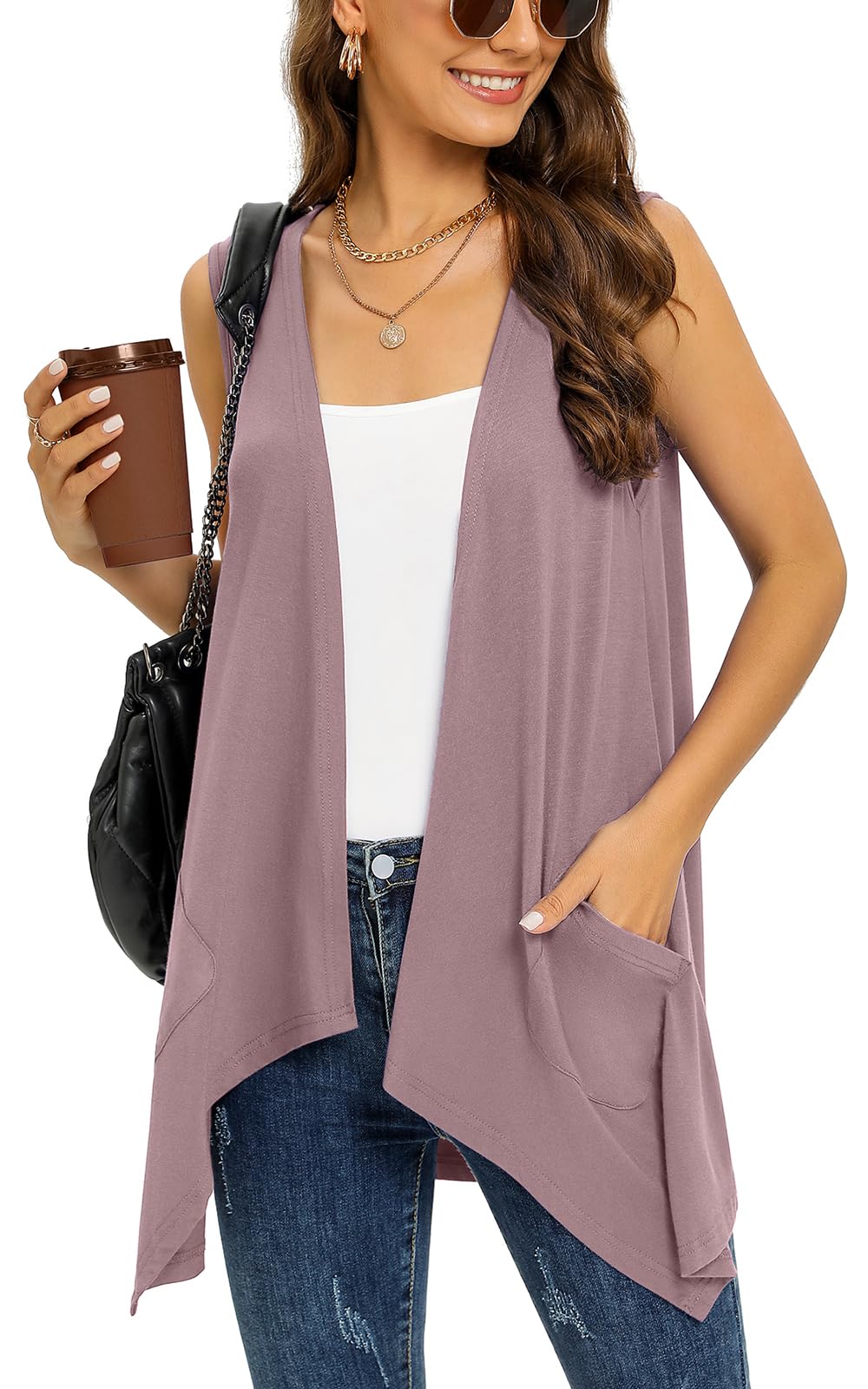 Wiwclo Veryoung Trendy Sleeveless Cardigans for Women Lightweight Vest with Pockets Casual Soft Knit Open Front Cardigan High Low Hem