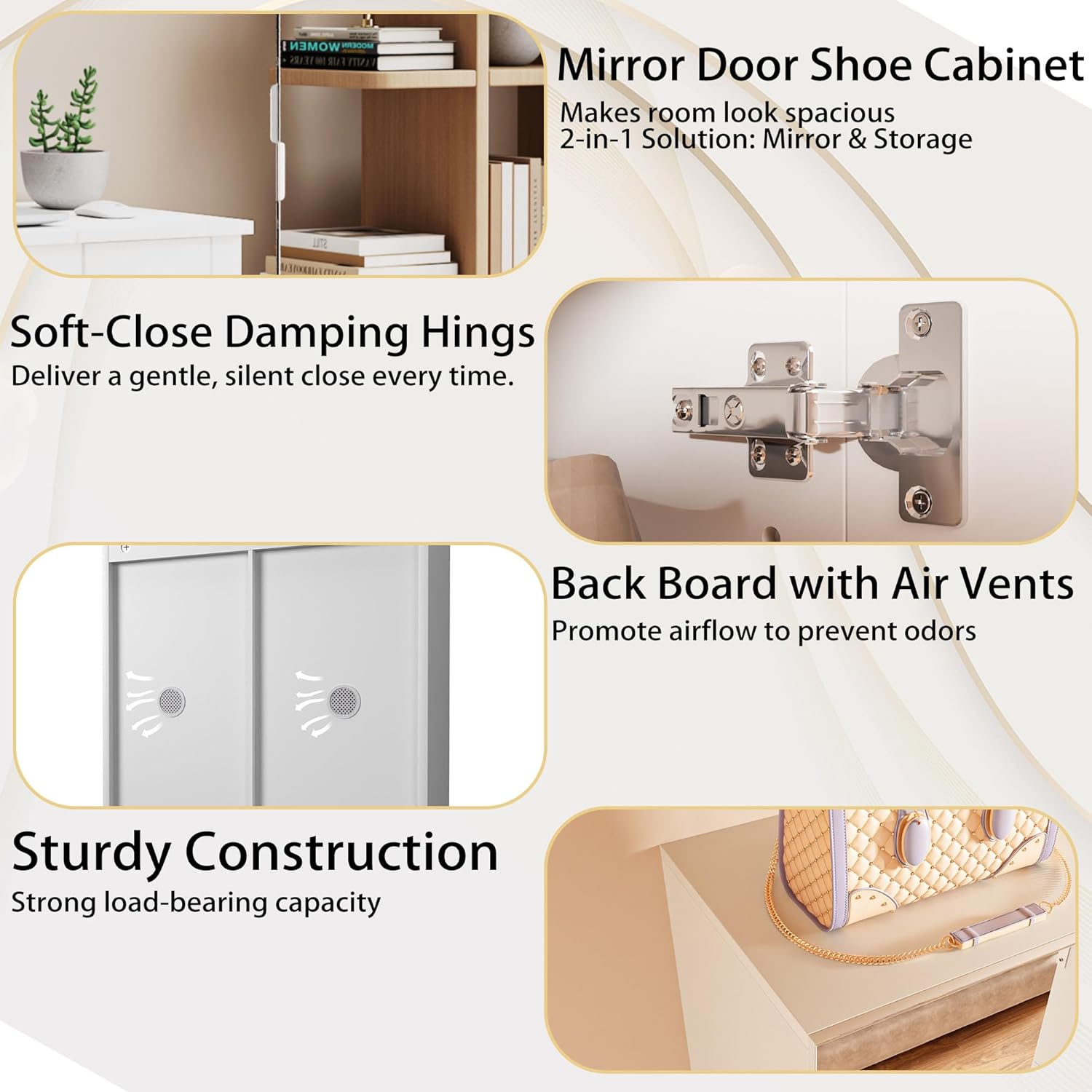 HRVEOCEI Mirror Shoe Cabinet Entryway with Doors, Tall Enclosed Shoe Storage with Adjustable Shelves & Ventilation Holes, Wooden Closed Shoes Rack with Metal Handle for Hallway Apartment (White 2)