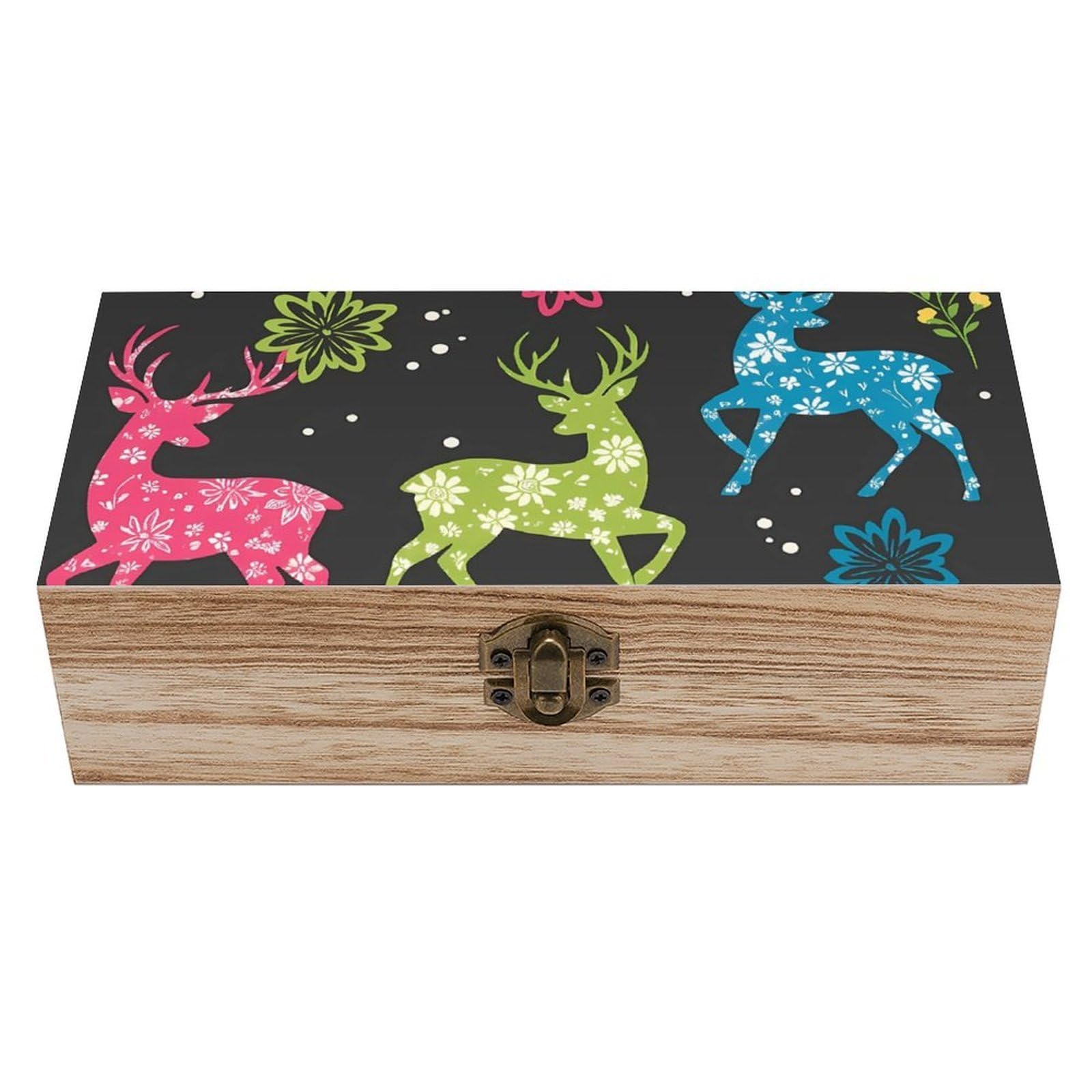HLBSDM Colorful Christmas Deer Retro Wooden Storage Box Jewelry Art Gift Boxs Decorative Keepsake Boxes