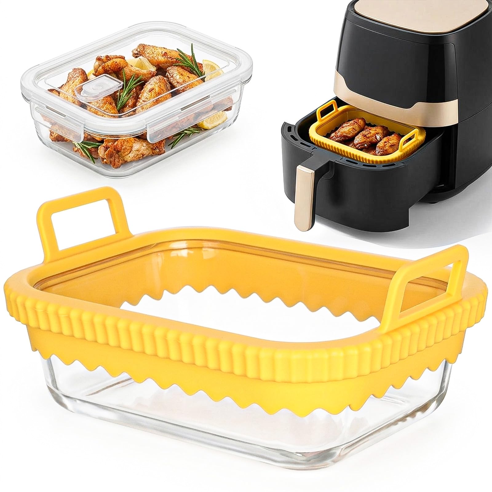 Cozary Bandeja Horno Cristal para Air Fryer con Asa de Silicona y Tapa, Bandeja de Vidrio Borosilicato, Apta para Horno y Microondas, 21 x 16 x 6.5cm