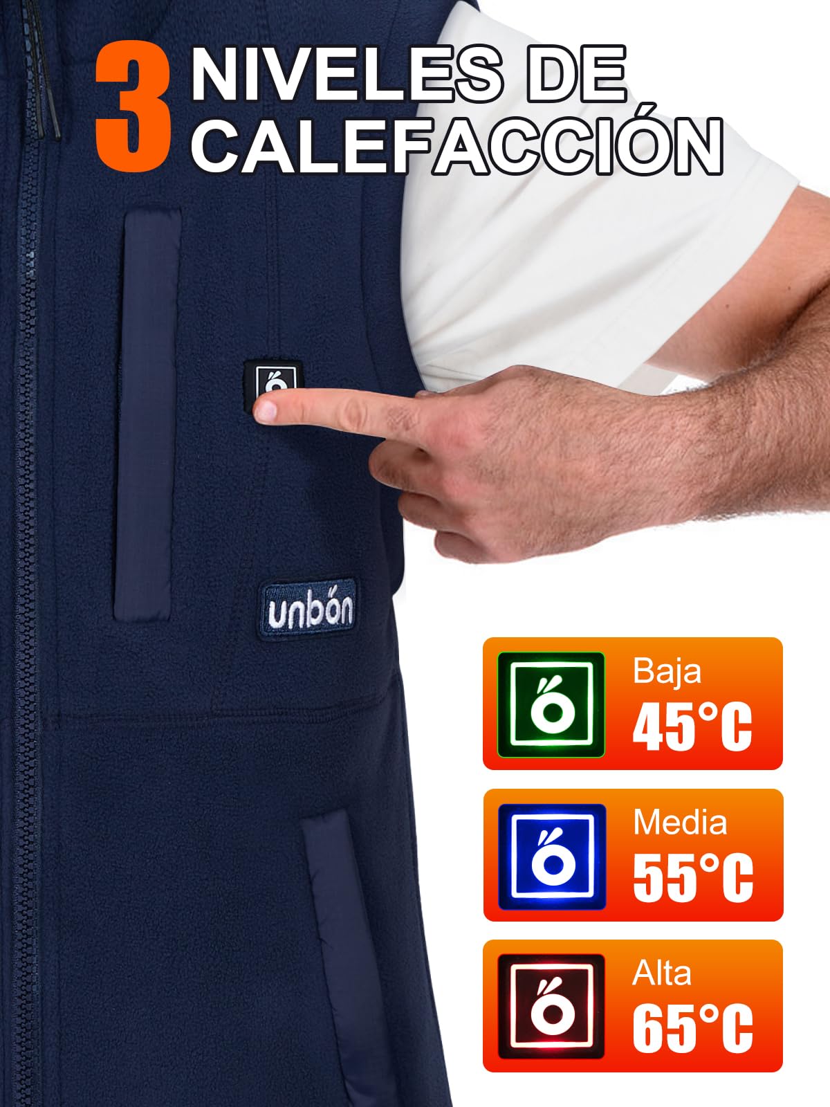 UNBON Chaleco Calefactable Hombre con Batería USB 10000mAh, Chaleco Térmico Eléctrico Polar, Chalecos Calefactor Hombre con 3 Temperaturas 6 Zonas Calefactables para Moto Caza Trabajo, Azul, S