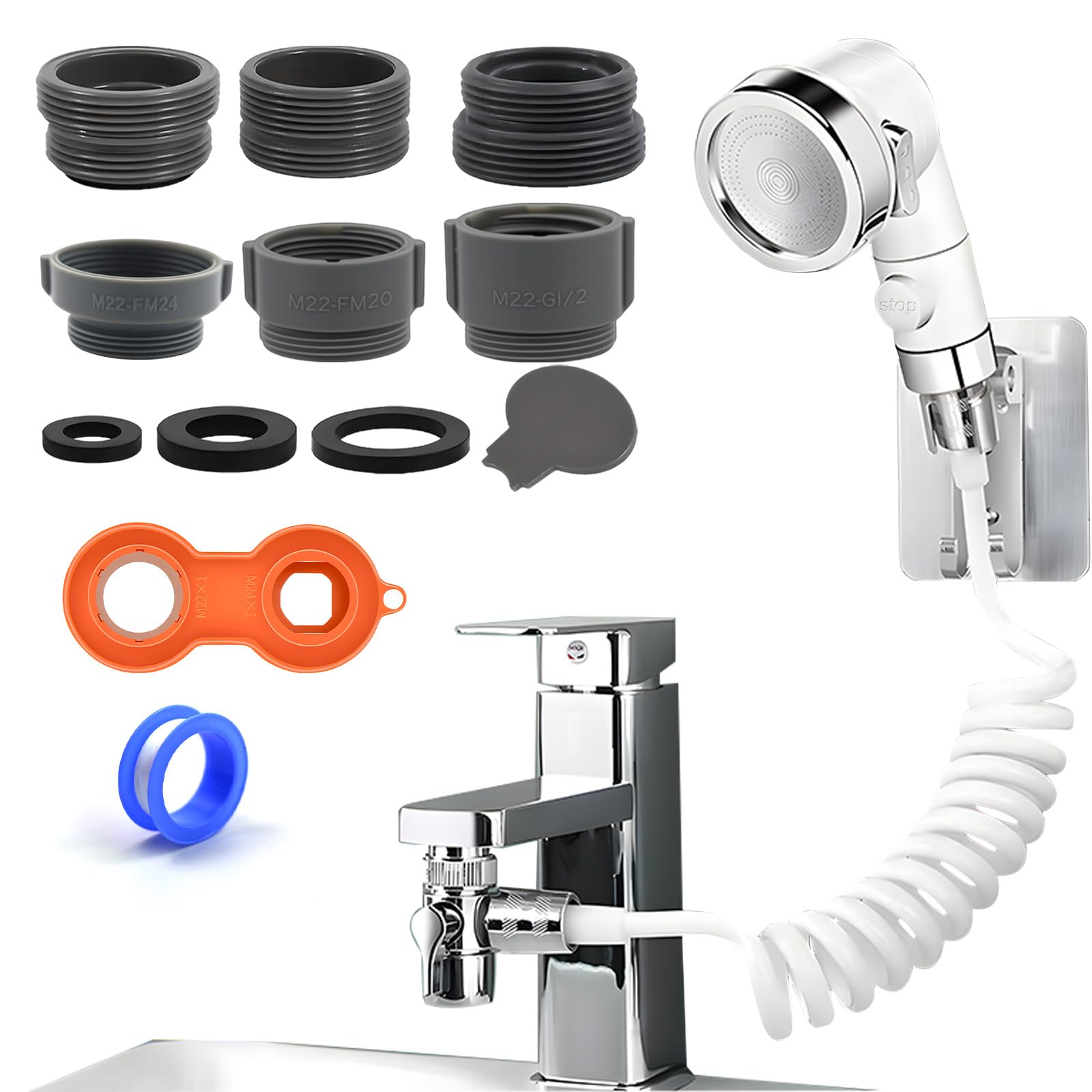 Ducha para Lavabo, Ducha Bidet con Manguera de 1,5 m, Soporte para Cabezal de Ducha y Dispensador de Grifo, Alcachofa para Lavabo para Baño, Bañera de Lavandería