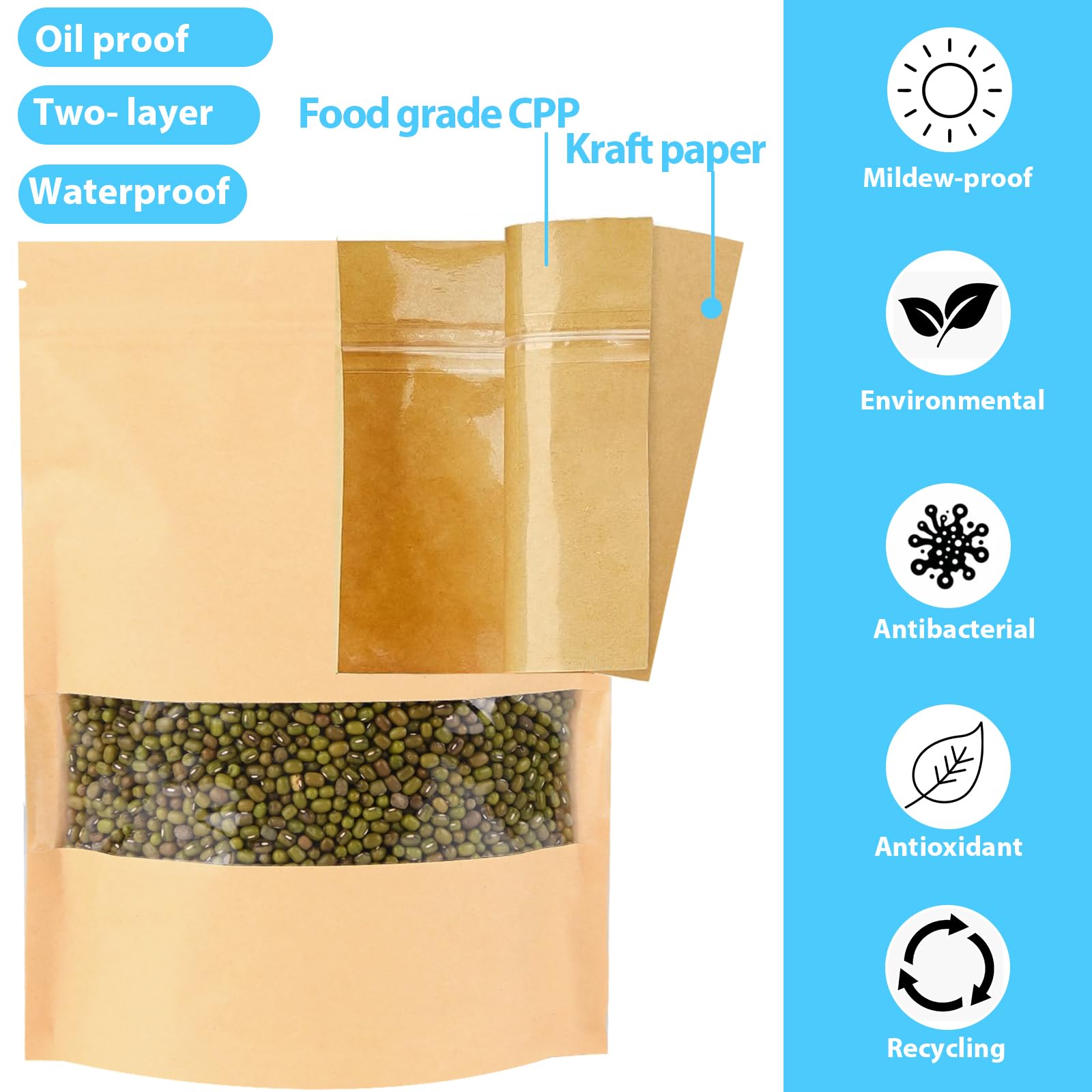 Bolsas de Papel Kraft Con Ventana 200 Unidades, Bolsas de Embalaje 20x30 cm, Bolsas de Papel Para Frutos Secos, Dulces, Granos de Café, Hojas de Té