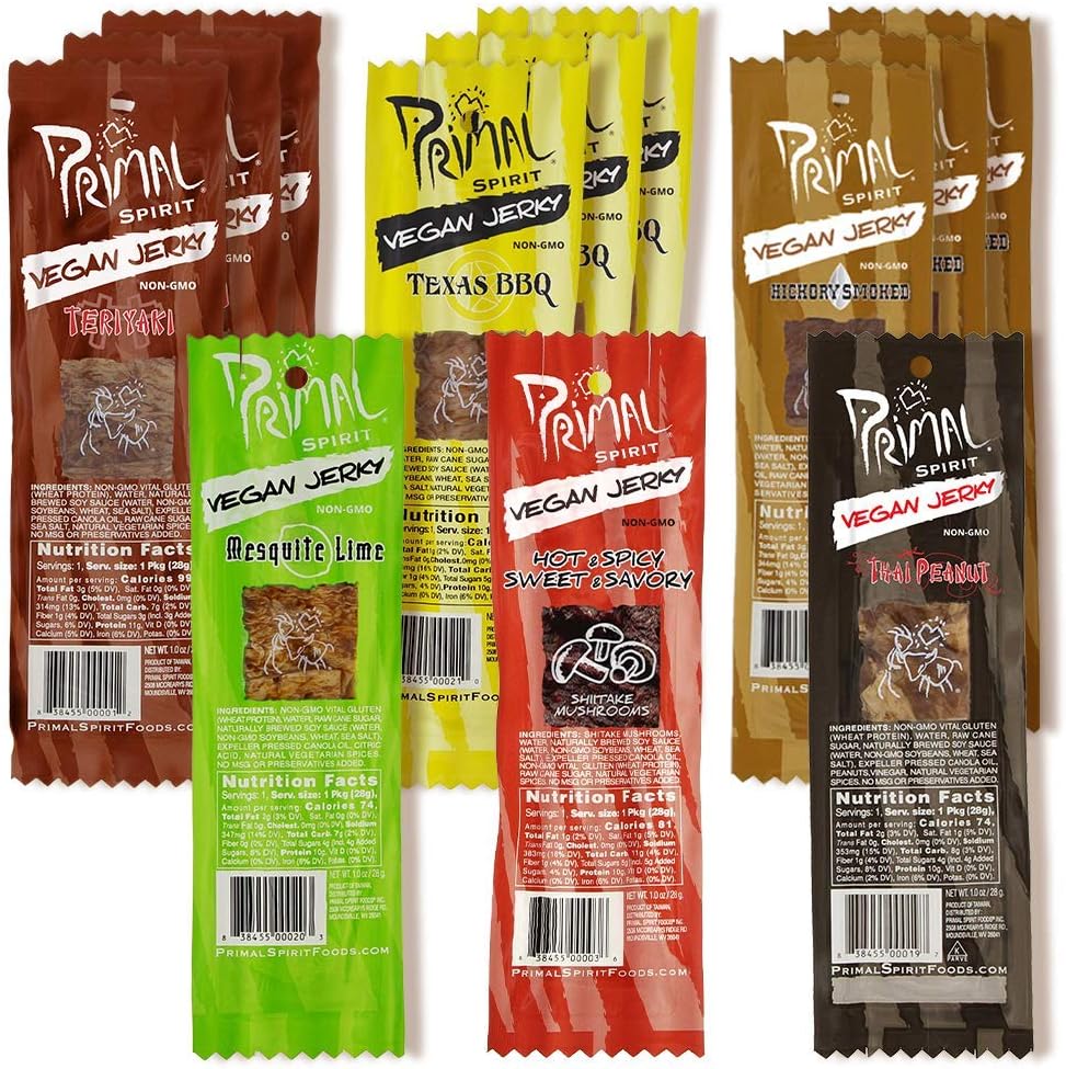 Primal Spirit Vegan Jerky - The Most Popular Flavor Pack, 10 g. Plant Protein (3) "The Classics" Teriyaki, 3 Hickory Smoke, 3 Texas Barbecue, 1 Type Peanut, 1 Hot & Spicy, 1 Mesquite Trime, 1 Pack of
