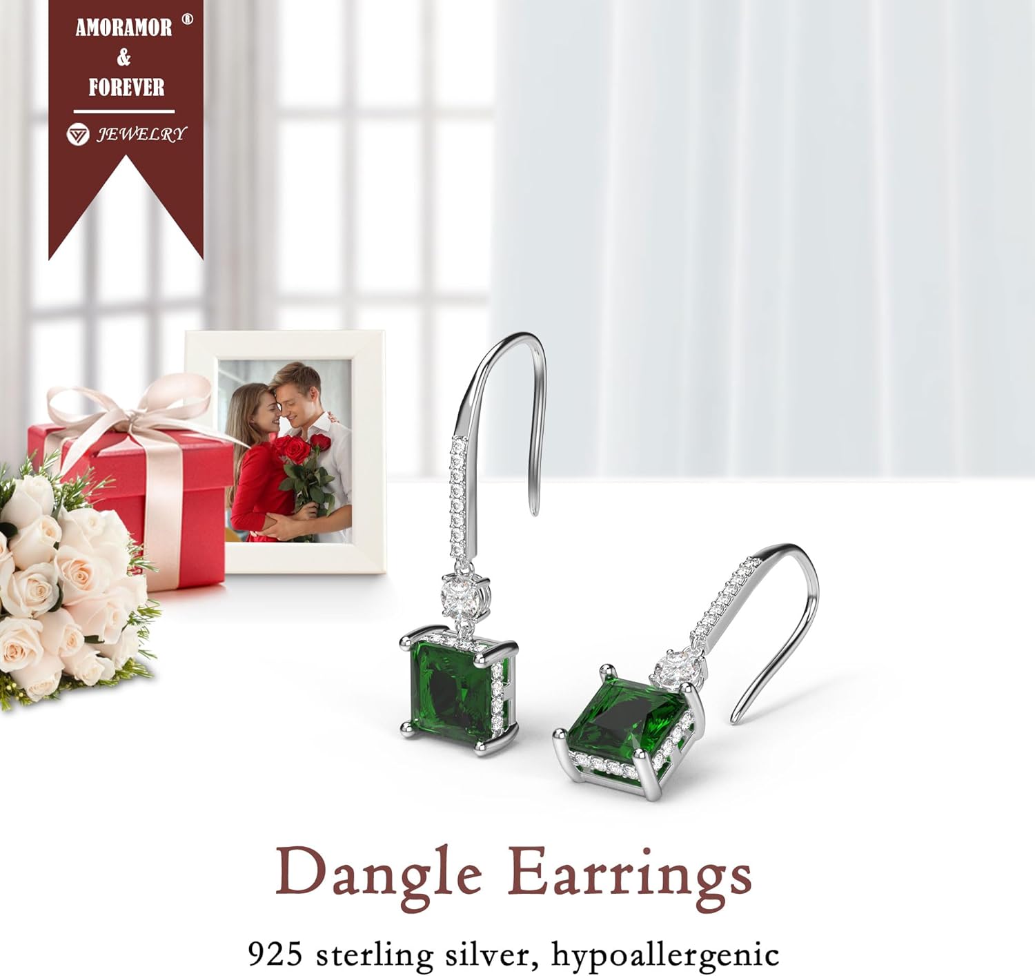 18K White Gold Plated Sterling Silver Princess Cut Cubic Zirconia Dangle Earrings for Women Square CZ Diamond Drop Dangling Earrings for Mom Formal Wedding Earrings for Women Bride - Image 4