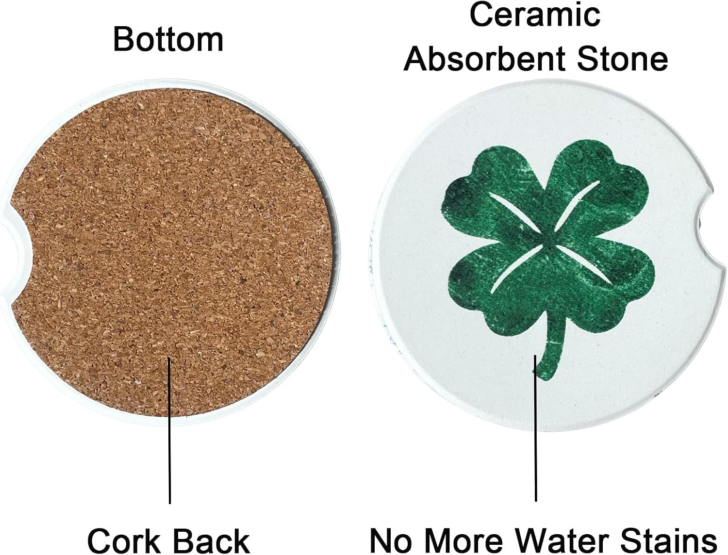 Four Leaf Clover Car Cup Holder Coasters 2 Pack Boho Absorbent Ceramic Cup Coaster with Cork Base 2.56 Inch Universal Fit for Car Interior Accessories image 4