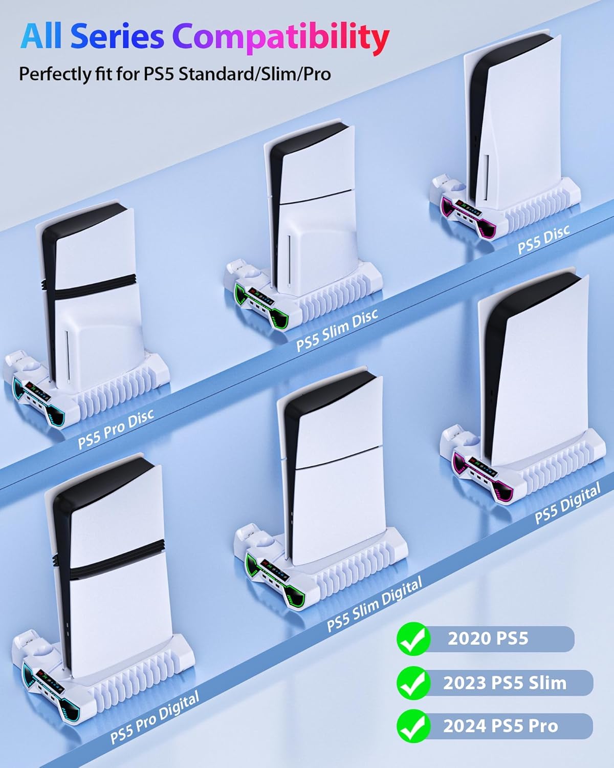 PS5/Slim/Pro Cooling Station and Controller Charging Station with LED Stand for PlayStation 5 Console - PS5 Controller Charger, Cooling Stand Accessory Kit-Cooler Fan/Headset Holder/3 USB Hub, White - Image 3