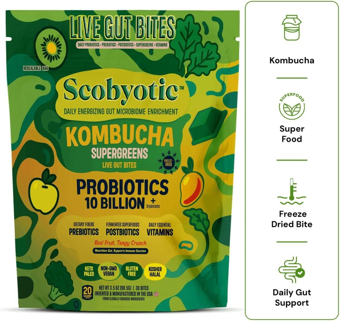 Scobyotic® Kombucha Supergreens Live Gut Bites – 10 Billion CFU Probiotics + Prebiotics & Postbiotics – Kombucha & Supergreens – Freeze-Dried Probiotic Supplement