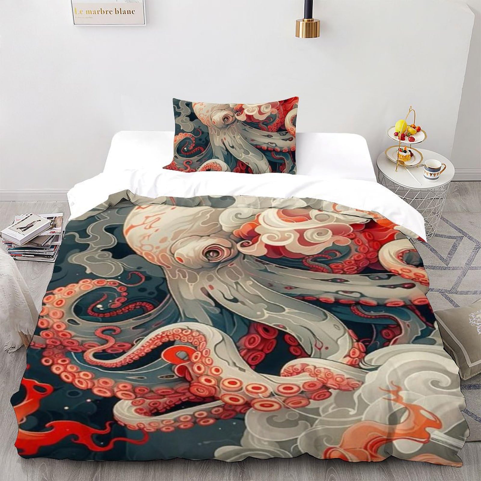 Housse de couette pieuvre rouge peinture à l'huile pour une chambre douce et imaginaire