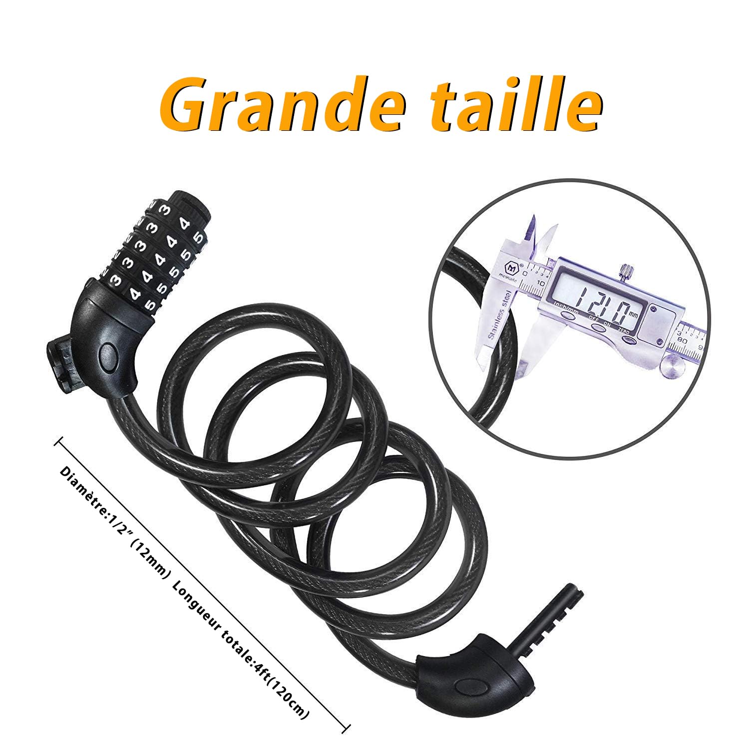 REHKITTZ Antivol Velo, 120 cm/12 mm, Niveau de Sécurité Très Élevé, avec Code Numérique à 5 Chiffres, Support de Vélo, Antivol pour Vélo, Tricycle, Scooter, Vélo