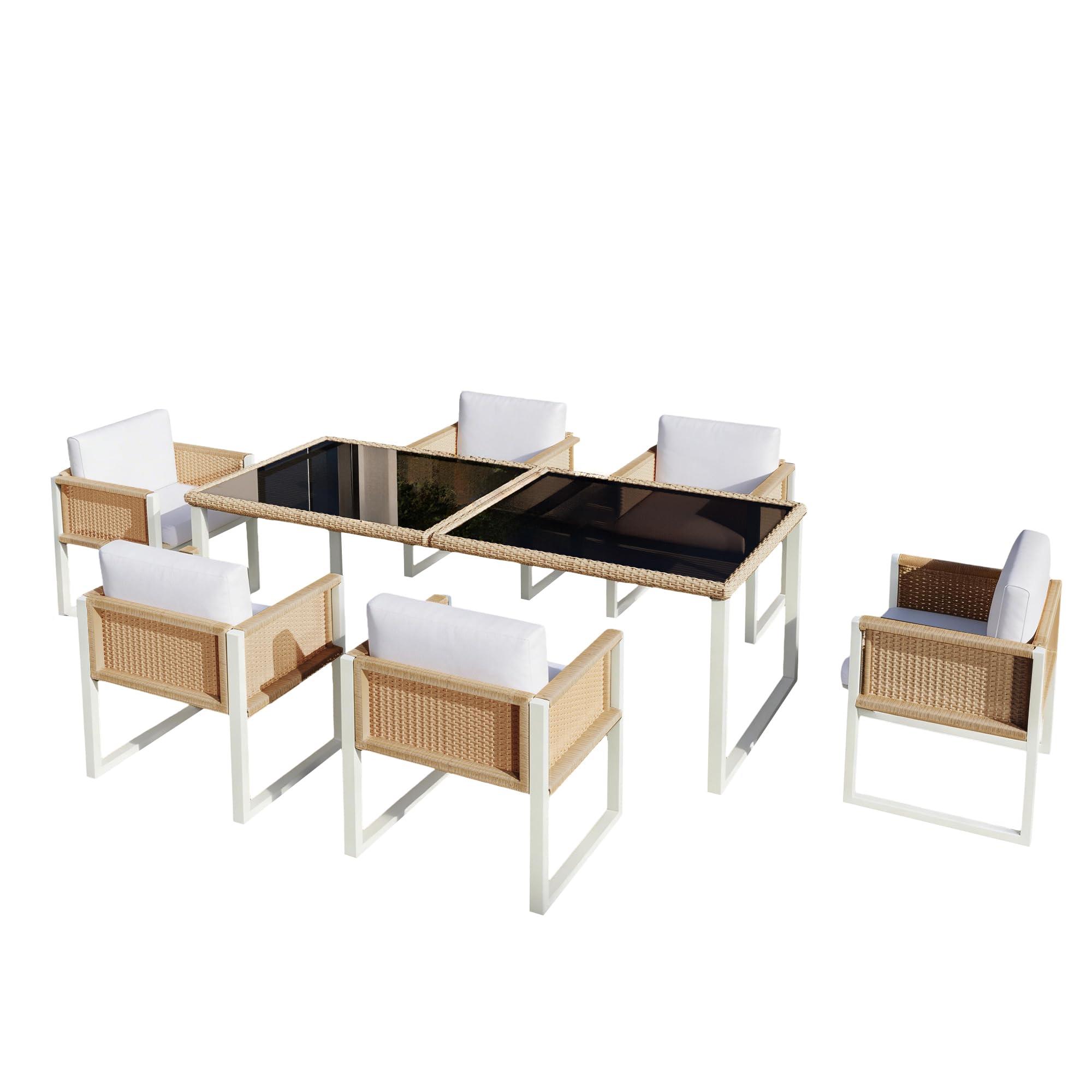 Polyrattan Gartenmöbel Set, Essgruppe für 6 Personen mit Tisch & Sesseln, abnehmbare und waschbare Bezüge, wetterfestes Outdoor-Möbelset, Braun+Weiß