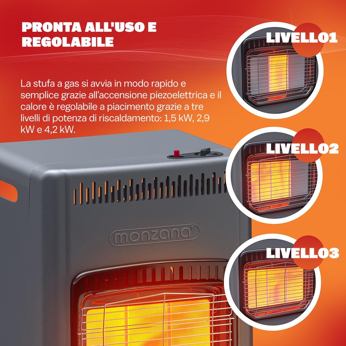 MONZANA® Stufa a Gas GH4500 Riscaldatore per Interni 4200 W 3 Impostazioni Accensione Piezoelettrica Antiribaltamento