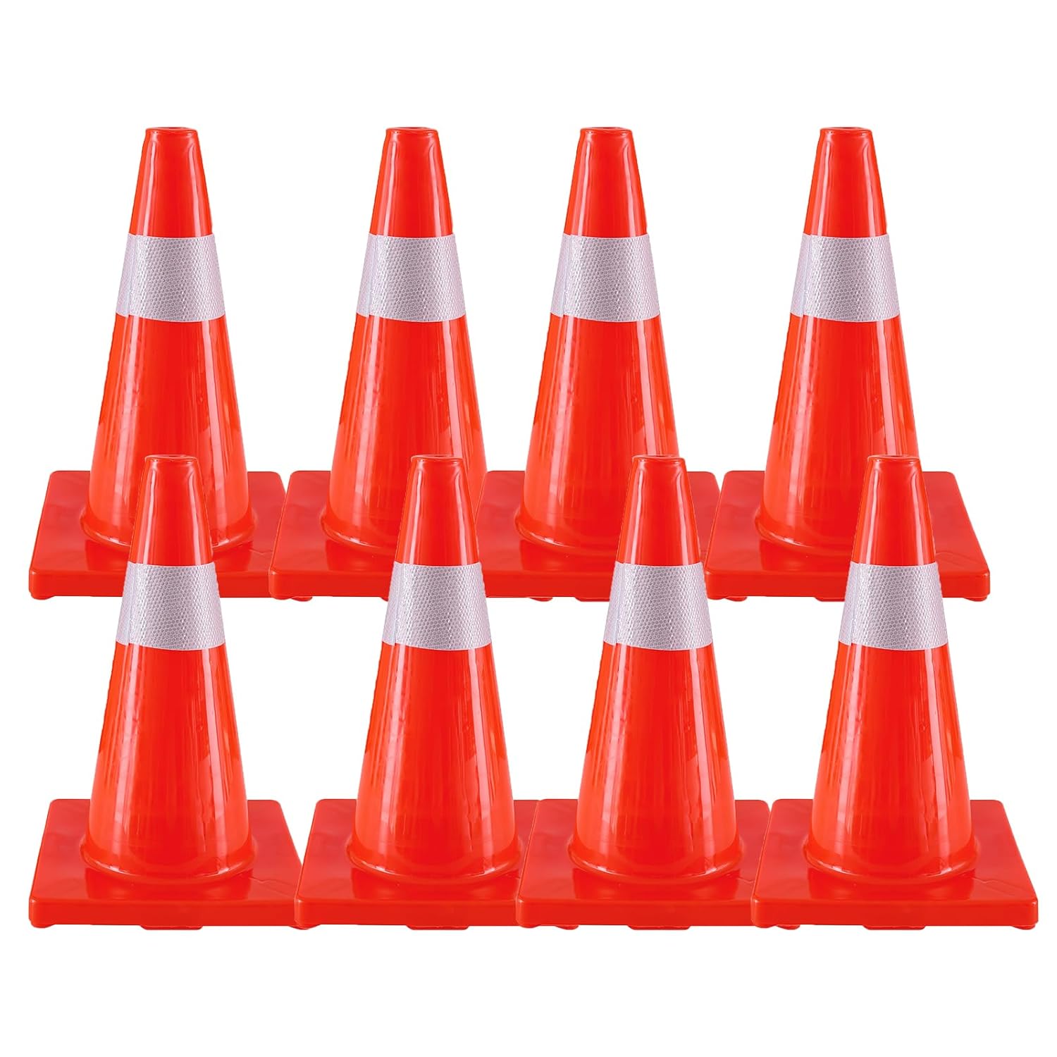 Traffic Safety Cones 18 Inch 8 Pack - Orange Road Parking Cones with Reflective Collars, Heavy Duty PVC Construction Cone Structurally Stable for Road Parking, Traffic Control, Driveway