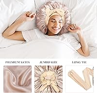 Vista 3 de 3 gorros para dormir, gorro de seda extra satinado para mujeres que duermen con banda de amarre para cabello rizado, trenzas de capó jumbo