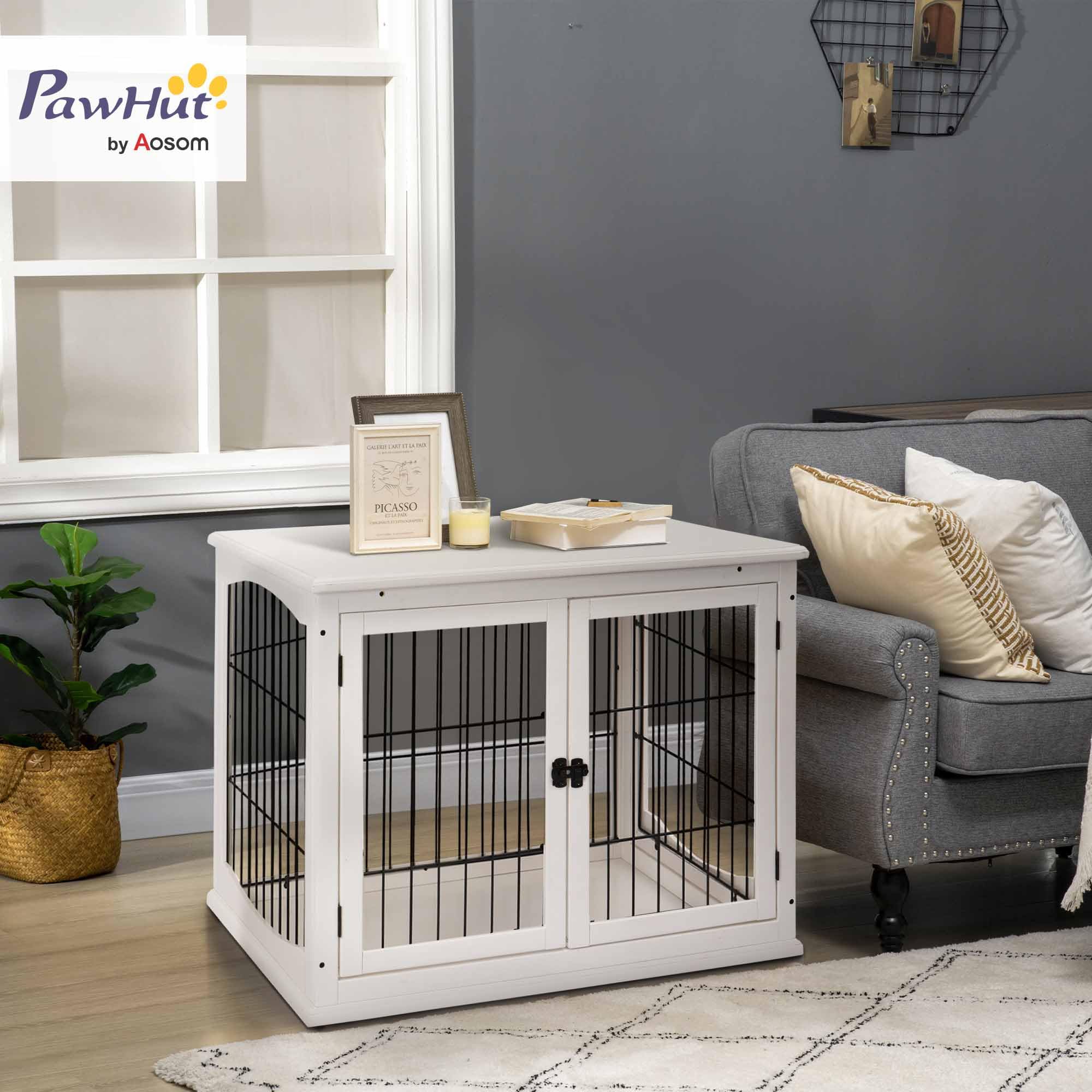 PawHut Hundekäfig Möbel mit 2 Eingängen Moderne MDF Hundebox für Zuhause Indoor Hundehütte für mittelgroße und kleine Hunde bis zu 20 kg Hundehaus 58,5x81x66 cm Weiß