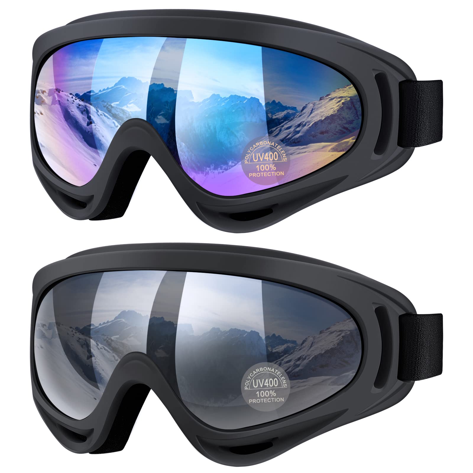 Ski Goggles - Anti-glare, Anti-fog Snowboarding & Skiing Goggles 2-Pack for Men, Women, Kids & Youth