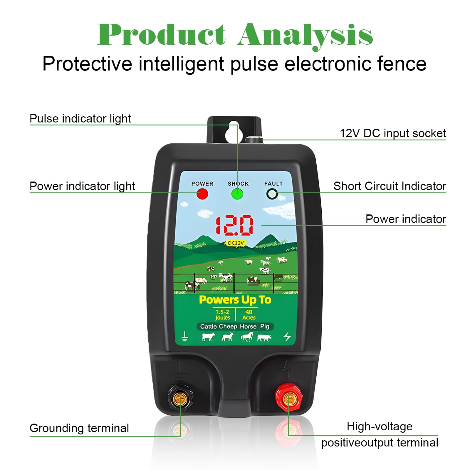 Valla eléctrica para pastos de 12 V con indicador LED, resistente al agua, 10 km, alcance de 1,5 – 2 julios, resistente al agua, dispositivo eléctrico para protección de animales de granja, mascotas