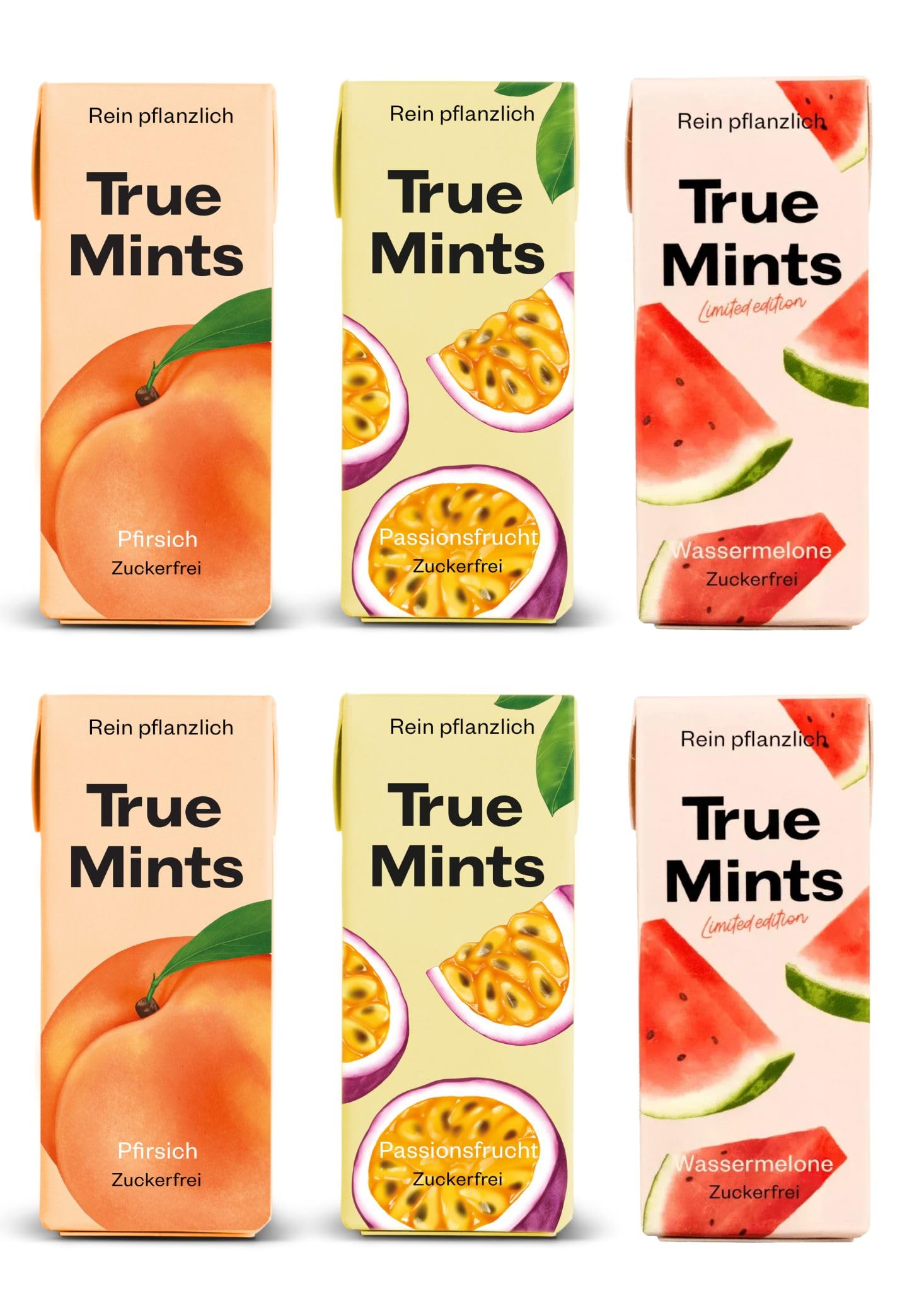 True Mints - 6er Set - FRUCHTIG | PROBIERSET | 2x Pfirsich | 2x Passionsfrucht |2x Wassermelone - pflanzliche und zuckerfreie Pastillen, 6 x 13g
