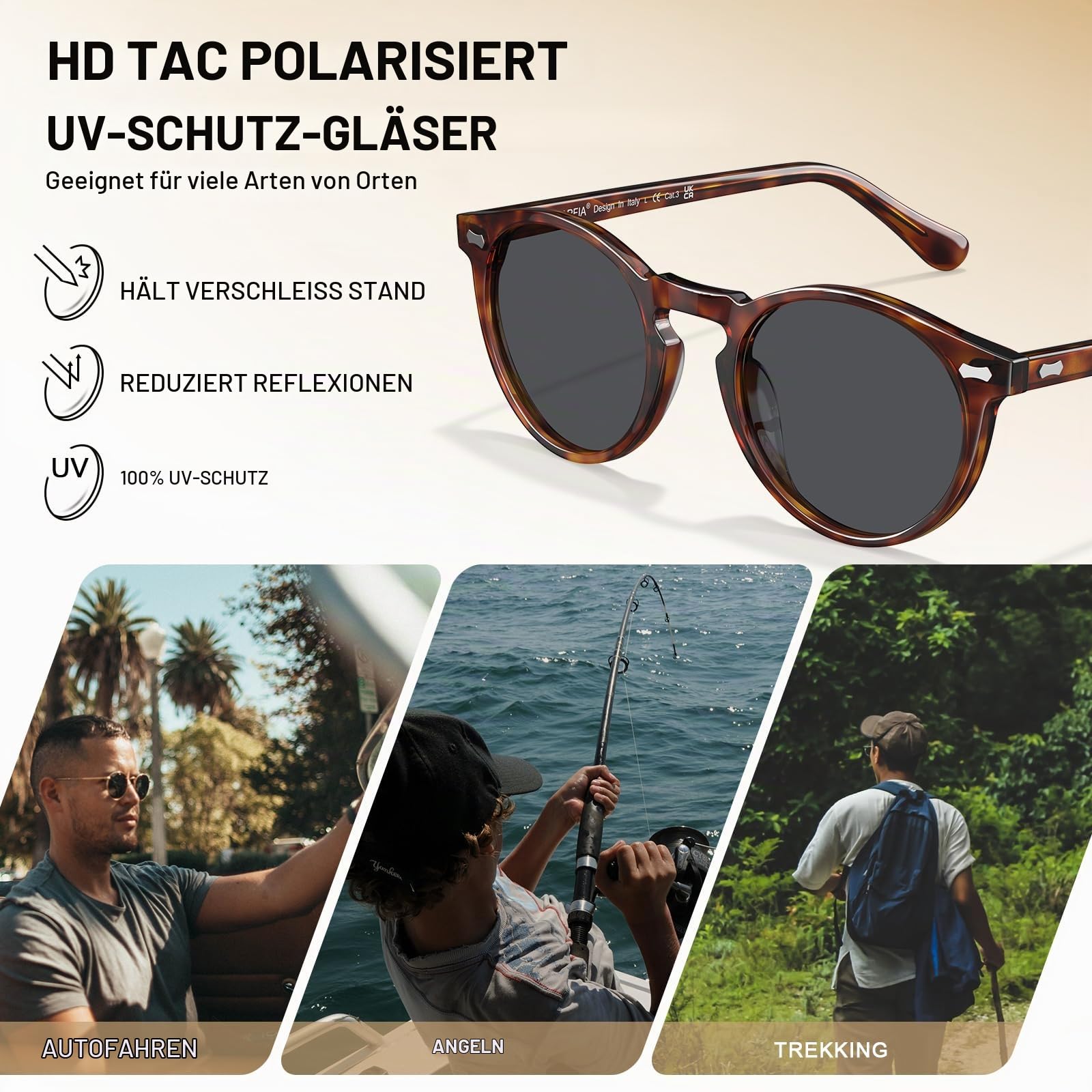 CARFIA Polarisierte Sonnenbrille Herren Runde Fahrenbrille mit Lederetui | Schöne Männer Brille mit angenehmer Abdunkelung, Leicht, Tägliche UV Schutz, Für Autofahren, Angeln, Wandern