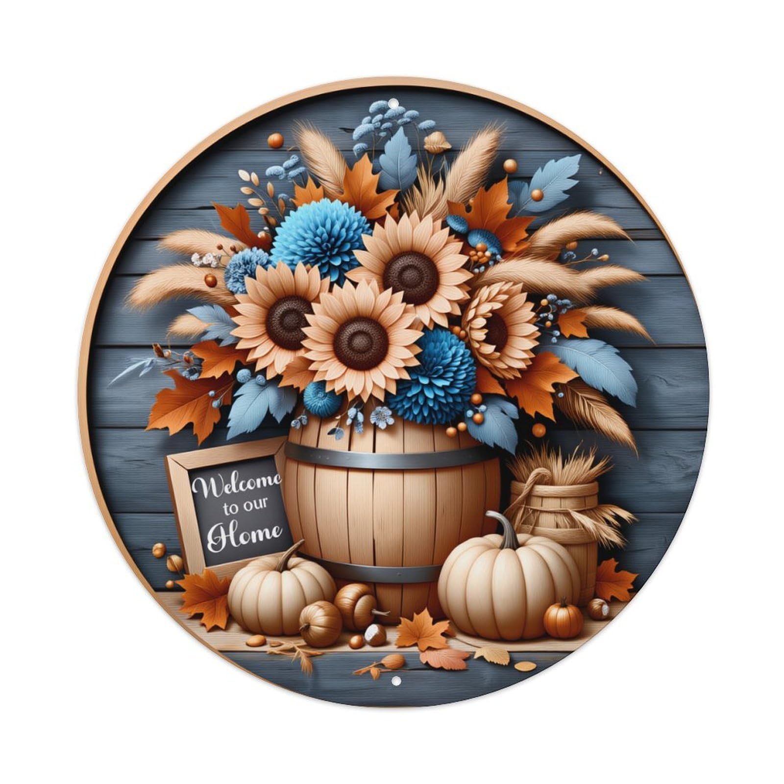 Autumn Floral Barrel Pumpkin Leaves Round Tin Sign Vintage Metal Poster, Home Bar Garage Man Cave Cafe Indoor & Outdoor Wall Decoration 8x8Inches
