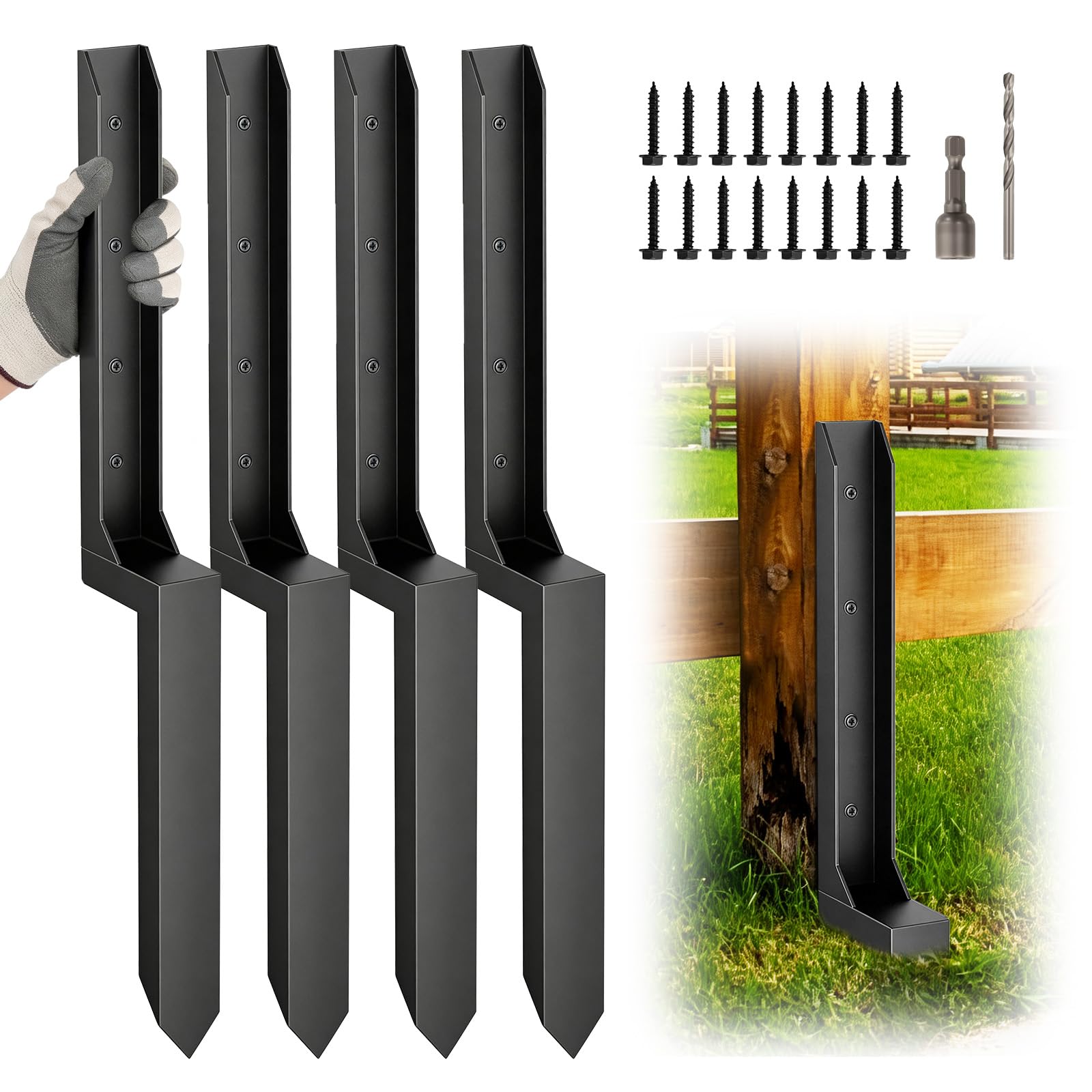 Fence Post Repair Kit, Heavy Duty Steel Fence Post Repair Stakes,for Repair Tilted or Broken Wooden Fence Posts,No Dig Support Fixer with Screws (One-piece-4PC)