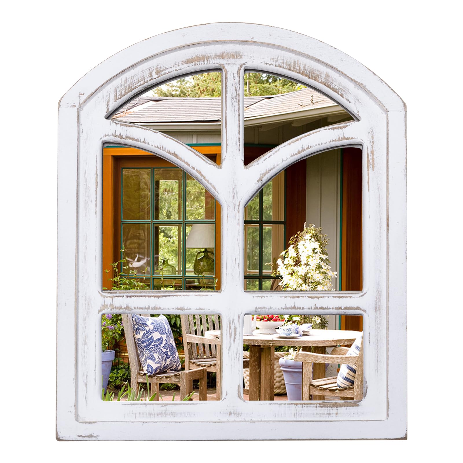 SeekElegant 9.5 X 12 Inch Rustic Wood Mirror, Arched Window Mirror, Farmhouse Wall Mirror with Whitewashed Frame, Small Decorative Mirror for Wall, Windowpane Mirror for Entryway, Bedroom