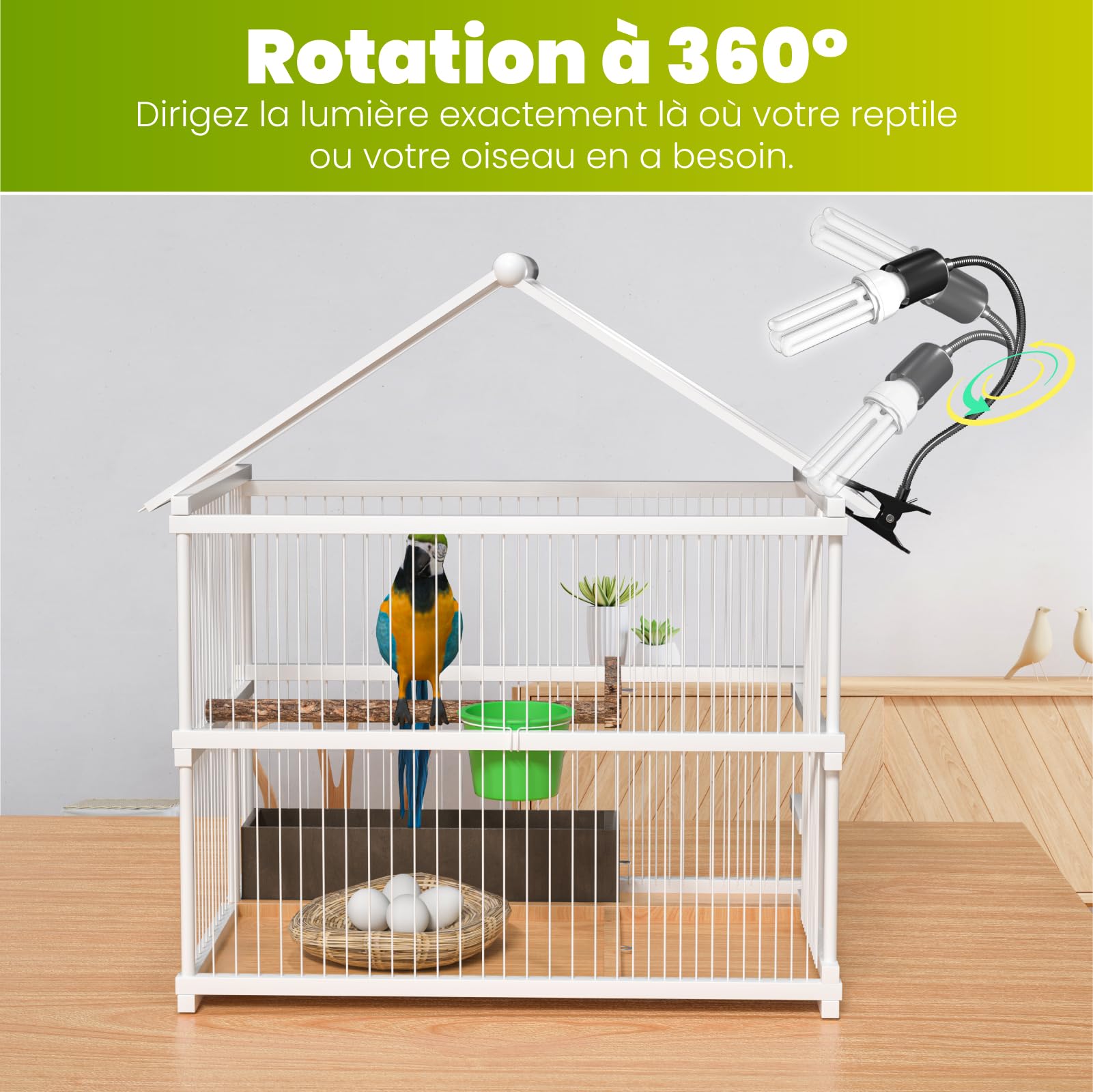 GlowUp UVB 2.4 Kit complet d'éclairage pour oiseaux, lampe à pince avec UVB 2.4 ampoule E27 20W pour oiseaux