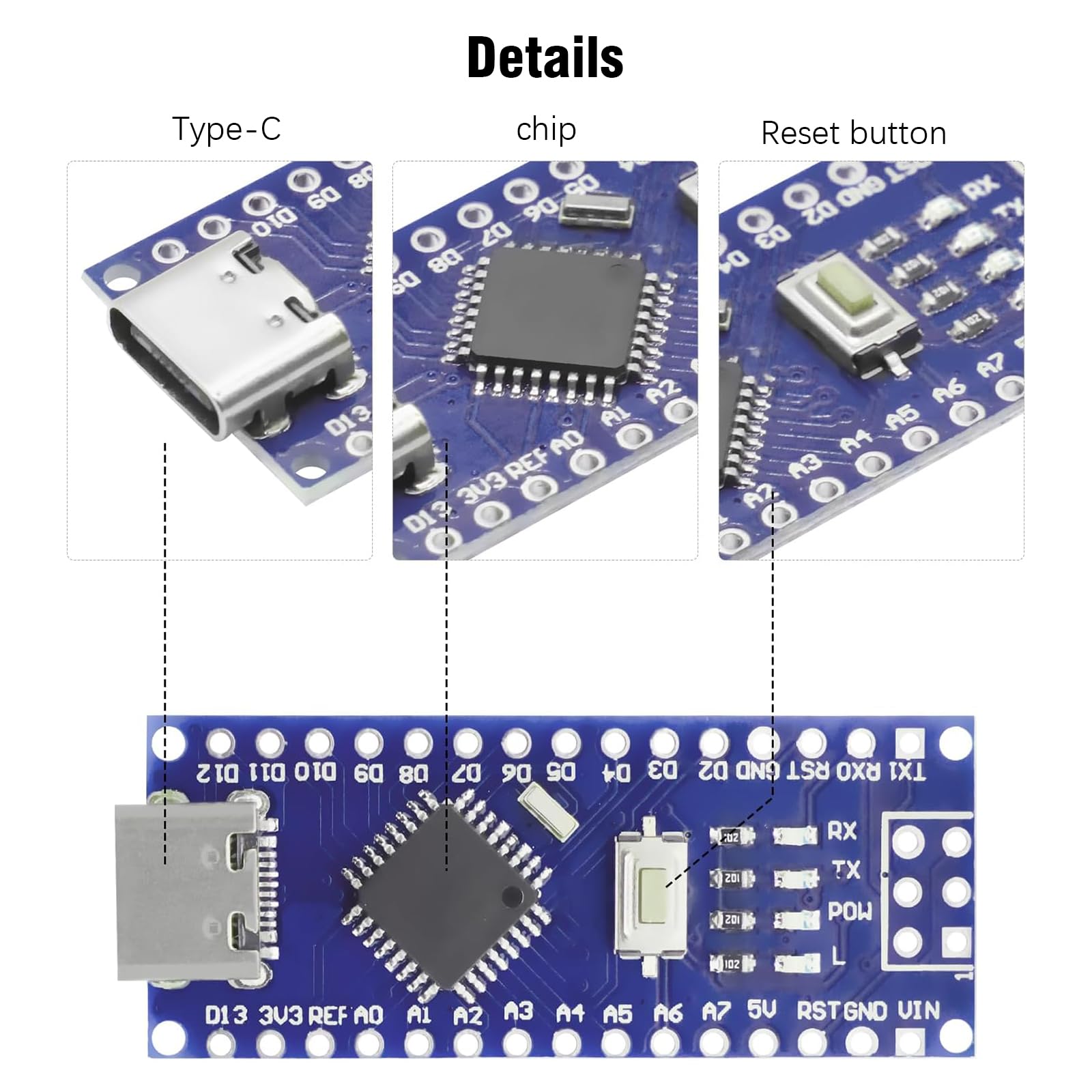 Nano 328P V3 Entwicklungsplatine mit USB-Kabel AYWHP 5 Stück Entwicklungsplatine mit Chip CH340 5V 16M Microcontroller Type-C Stecker Kompatibel mit Arduino