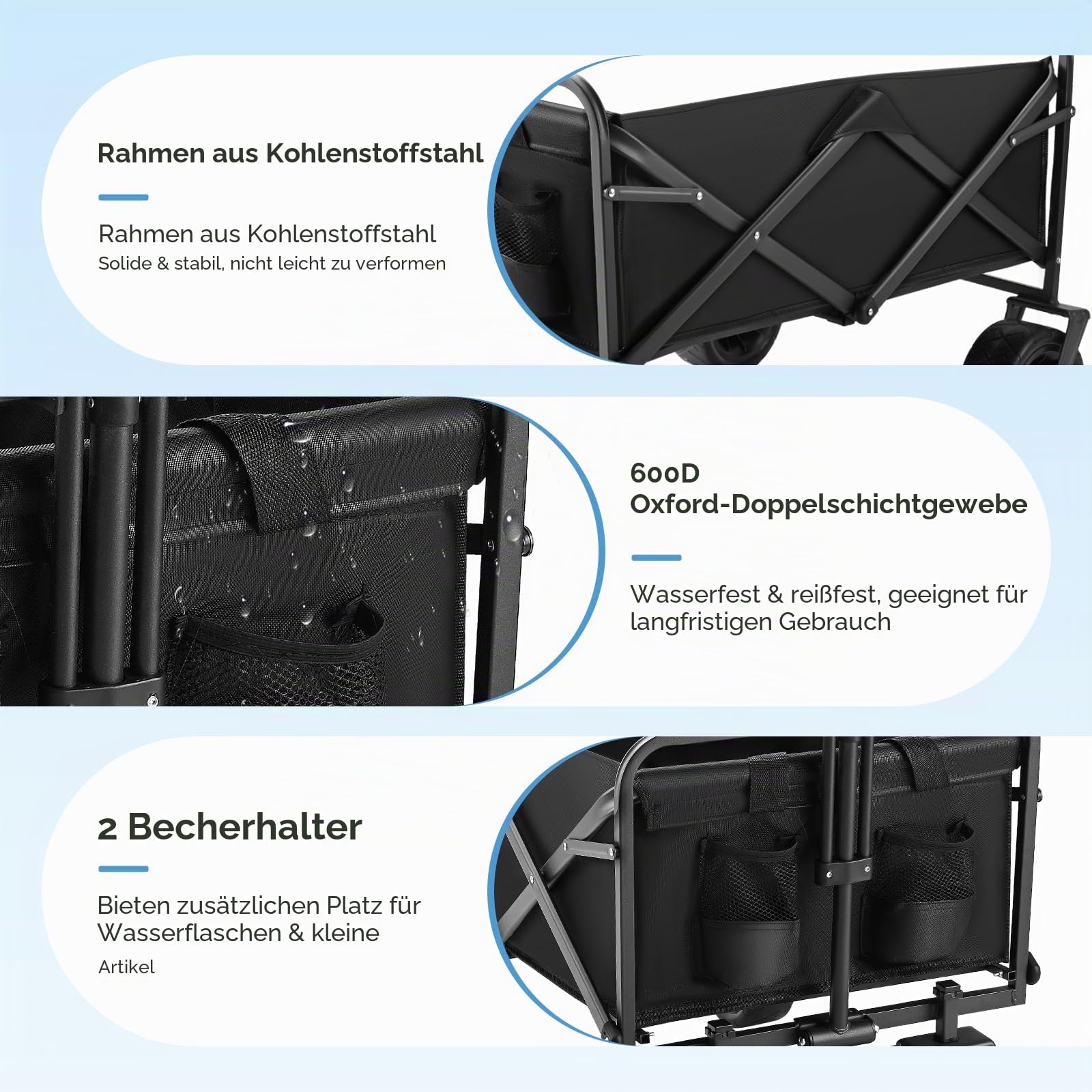 Bollerwagen faltbar Handwagen mit Getränkehalter 100L 100KG Transportwagen Gartenwagen Strandwagen für Alle Gelände Draussen Einkaufen für Geländetauglich mit Bremsen