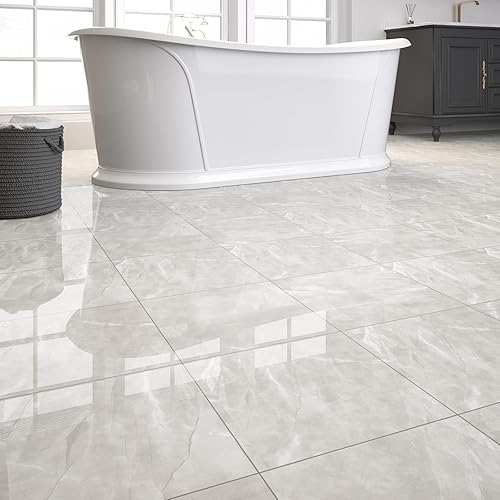 40-Pack Peel and Stick Floor Tiles Vinyl Floor 12 x 12 inch Self Adhesive Waterproof Glossy Flooring Planks DIY for Bathroom, Kitchen, Living Room, RV, Cover 40 Sq. Ft, Polish Light Grey Marble