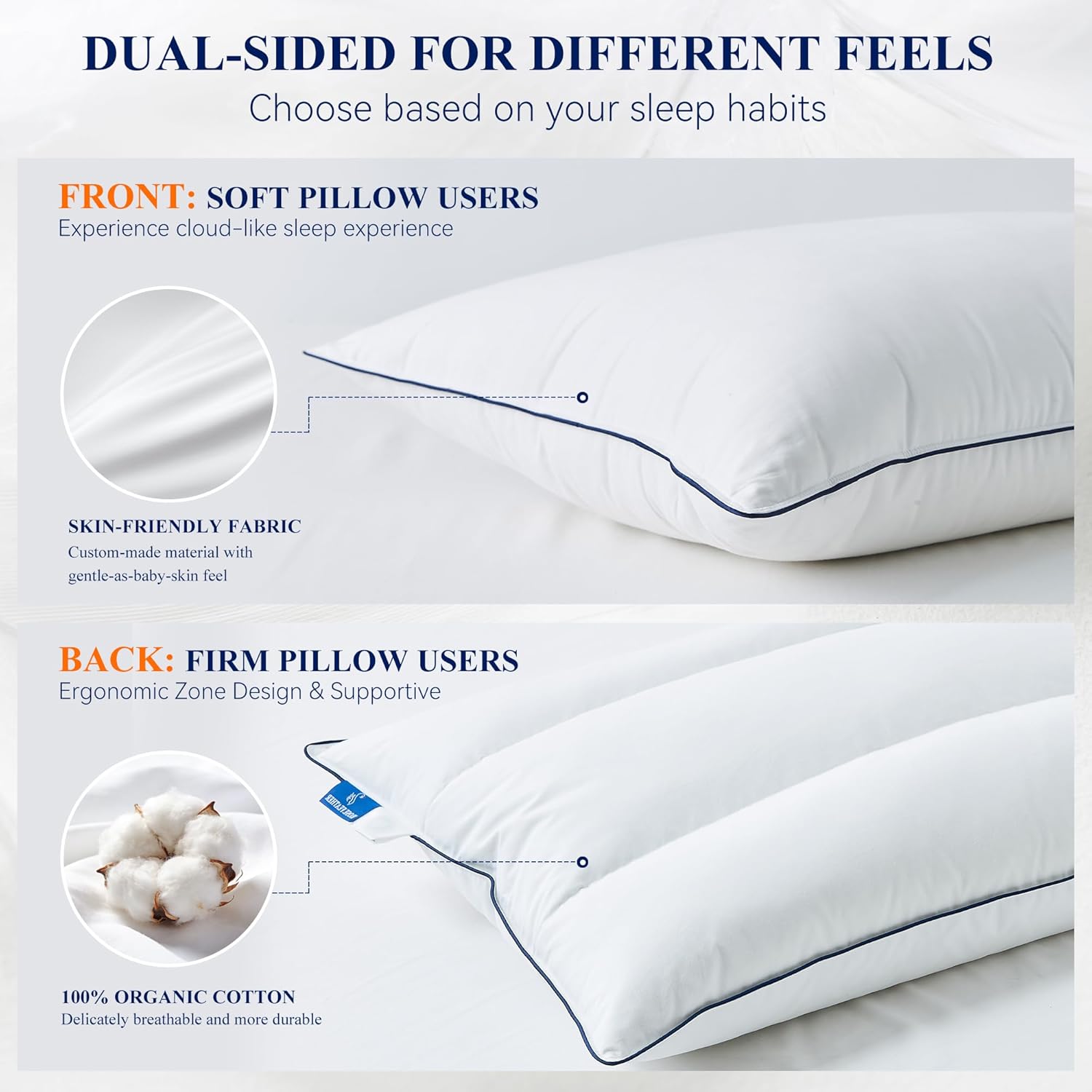Goose Down Pillows Queen Size Set of 2, 3-Chamber Cervical Neck Support Down Feather Pillow 100% Soft Cotton Cover Luxury Hotel Bed Goose Feather Pillows (Queen (Pack of 2))