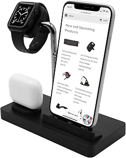 Macally Airpod iPhone iWatch Charging Station - A Home for Your Devices - Compatible with All iPhone, iWatch, Airpod Series - Use Only Factory Provided Cables - 3 in 1 iPhone Charging Stand (Black)