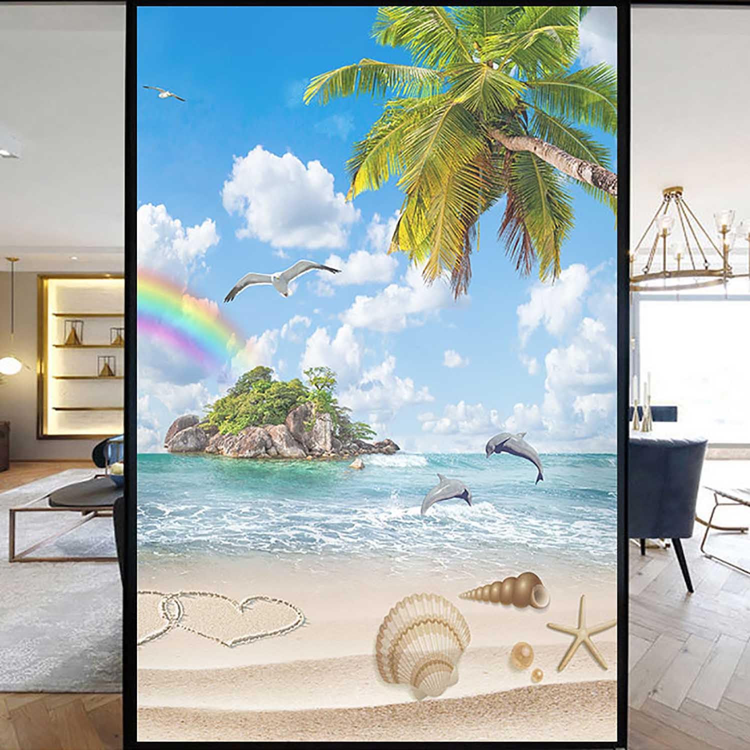 XQKXHZ Summer Ocean Scenery Pattern Kitchen Window Film Privacy One Way Stained Glass Decorative Window Film Removable Non-Adhesive Static Cling Window Glass Sticke for Home Office,A2,50x120cm