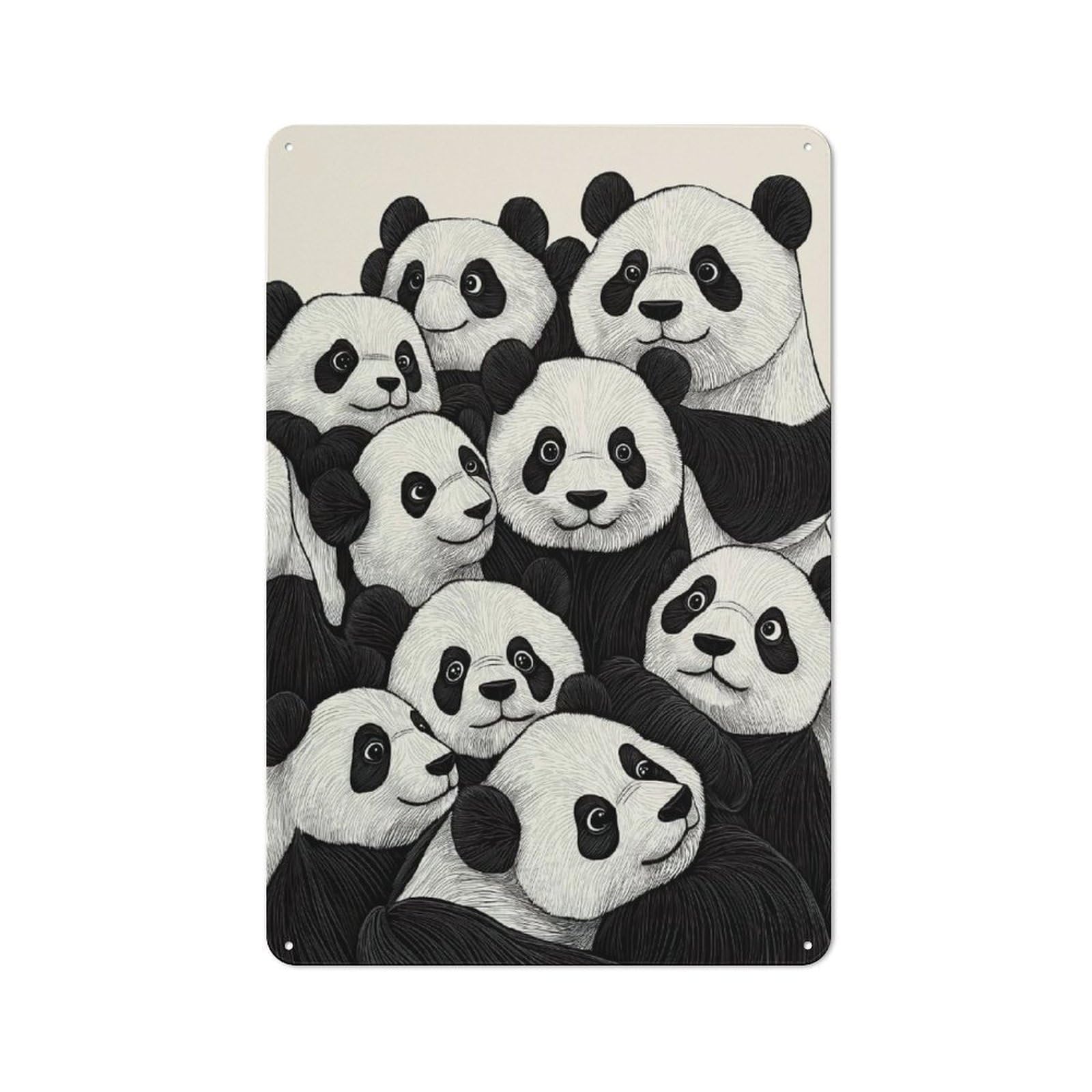 Junmoney Style Pandas Party Black & White Retro Tin Wall Plaque 30X20cm For Guest Room Or Hallway, For Vintage Wall Decor Fans, For Themed Room Decoration