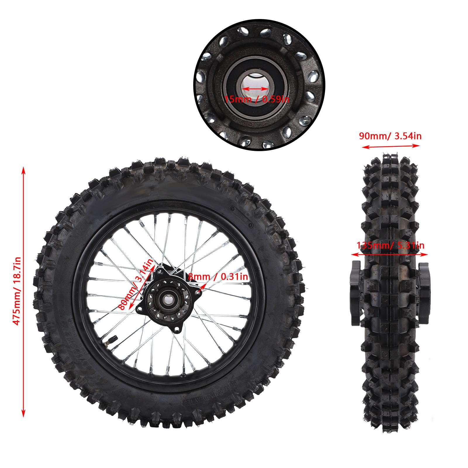 aqxreight 12-calowy zespół Opony na felgę Tylnego Koła, Opona Wymienna 80/100 12 z łożyskiem 15 Mm, do Apollo SSR XR CRF Dirt Pitbike Kayo TSD 110 TD 125