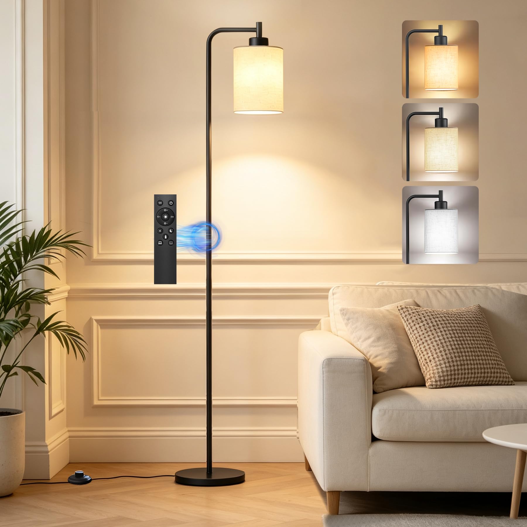 HANDSONIC Stehlampe Dimmbar, 169cm LED Stehlampe mit Fernbedienung & 3-stufige Farbtemperaturen, Moderne Standleuchte mit Beigem Leinenschirm inkl. 9W E27-Birne – Perfekt für Wohnzimmer, Schlafzimmer