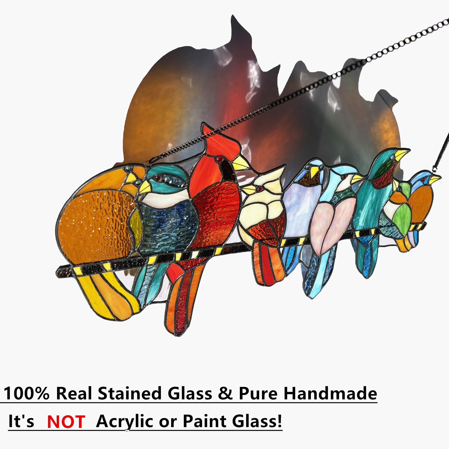 Buntglas-Vogel-Fensterbehang, 9 bunte Buntglas-Vögel auf Ast, Sonnenfänger, handgefertigt, Tiffany-Stil, Vogelliebhaber, Geschenk, Dekoration für Mutter, Frauen