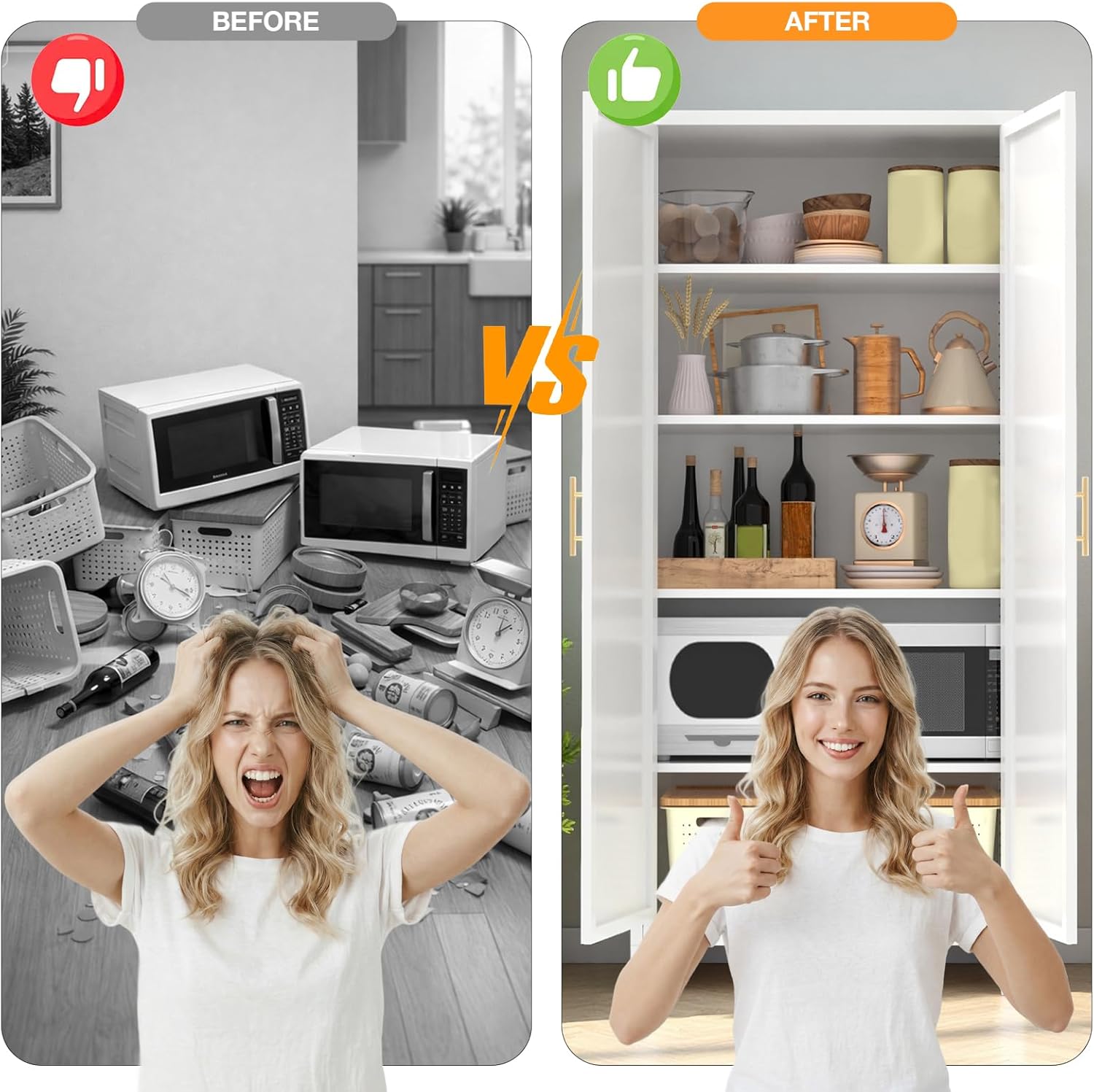 Pantry Cabinet, Kitchen Cabinet with Doors 4 Adjustable Shelves,Kitchen Pantry Cabinet with Spacious Storage Capacity,Multifunctional Pantry Cabinets for Kitchen Dining Bathroom (White, 71 inch)