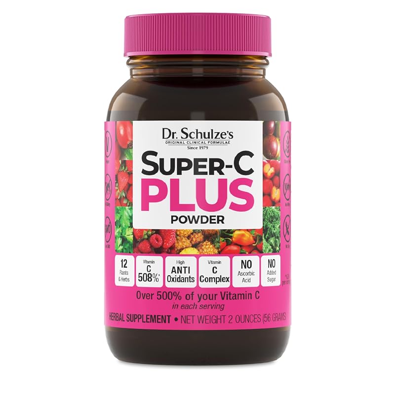 Dr. Schulze's Vitamina C em pó com frutas, vegetais e ervas orgânicas, sabor frutas vermelhas, 20 porções, 56 g