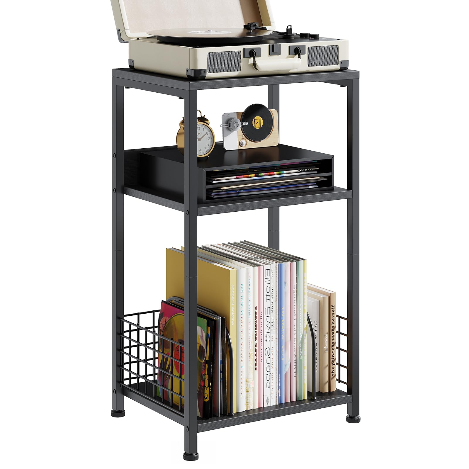 DUMOS 3 Tier Side Table,Record Player Stand with Storage Up to 100 Albums,Turntable Stand for Vinyl,Brown Records Shelf for Living Room Bedroom Black 1 Pack