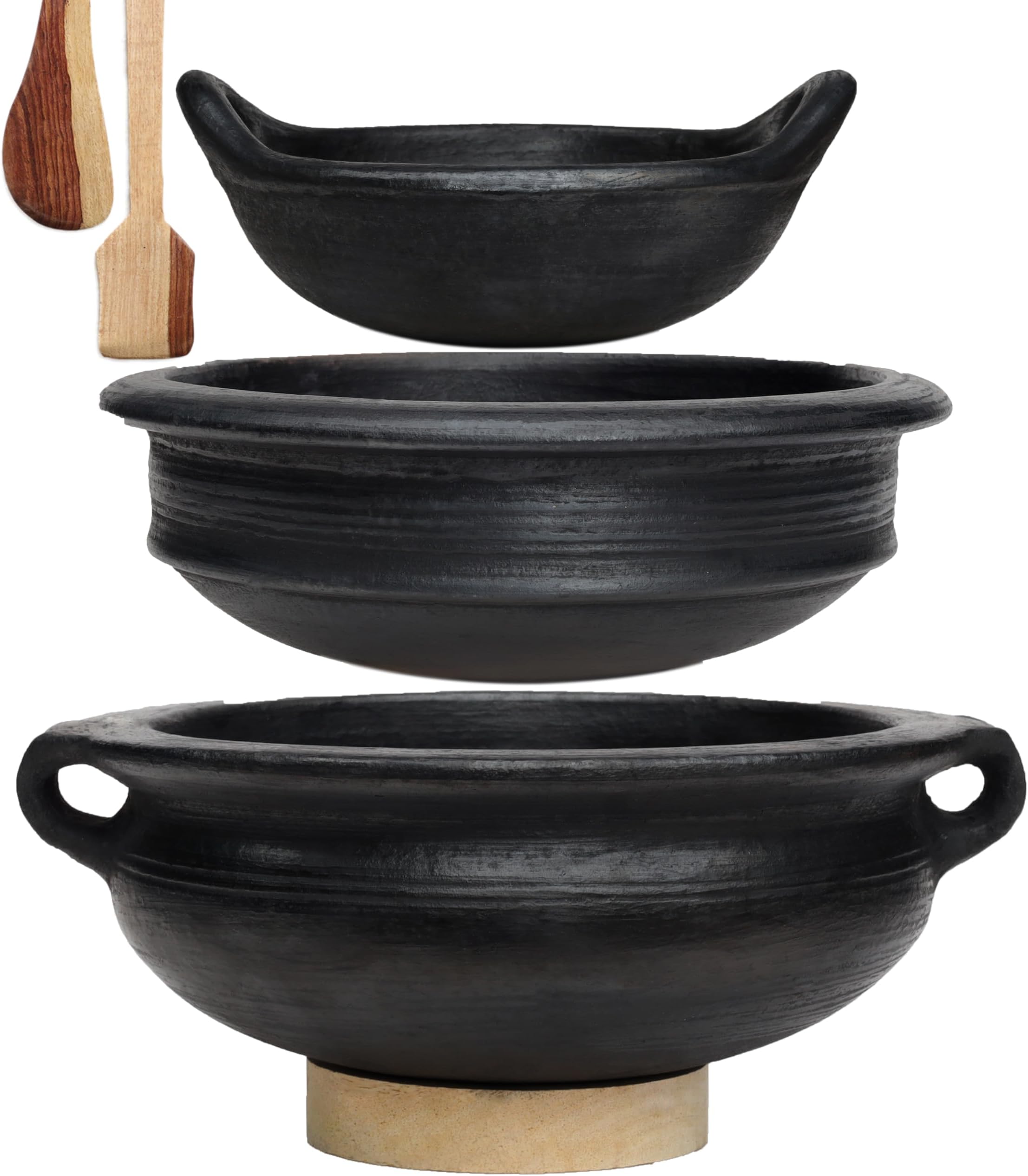 Craftsman India Online Deep Burned Clay Handi/Pot and Kadai for Cooking and serving Combo 1, 2 & 3 Liter
