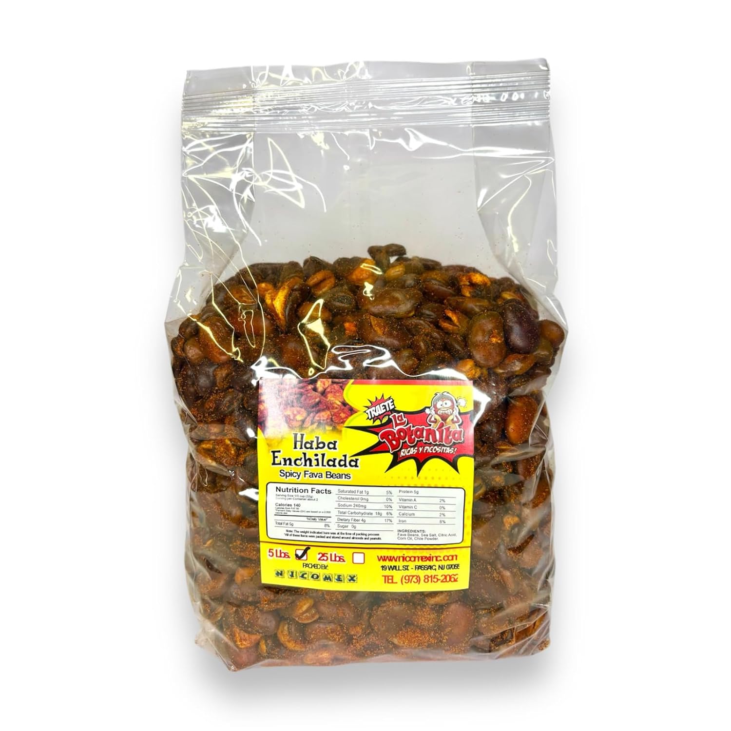 HABAS SALADAS NICOMEX. Habas saladitas o enchiladas. Salty or spicy Fava Beans. Salted Crunchy Fava Beans. Spicy crunchy fava beans. Party size 5Lb. (5 pounds, Spicy)