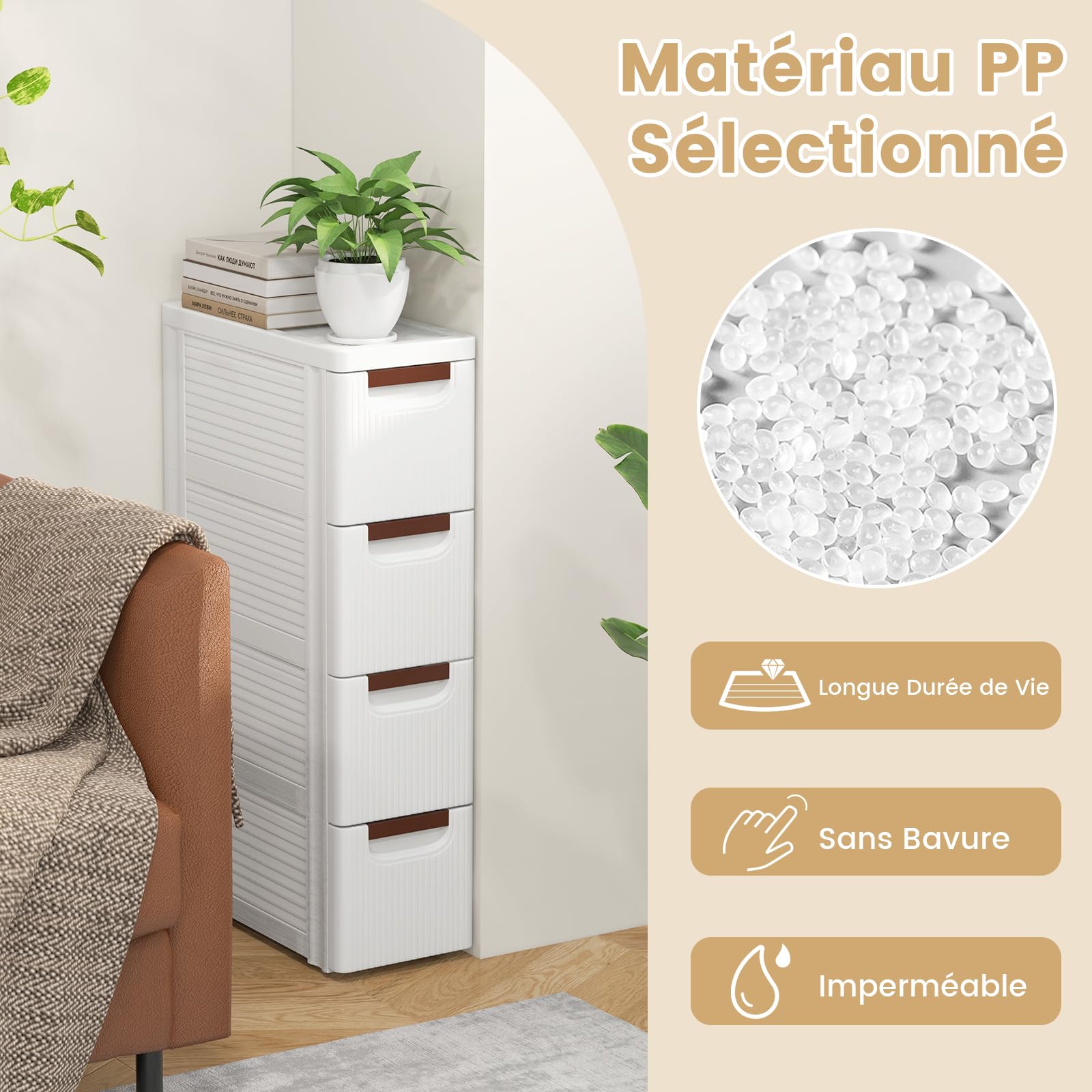 GOPLUS Tour de Rangement Étroit à Roulettes Intégrées Amovibles, Colonne de Rangement Salle de Bain en Plastique avec 4 Tiroirs, Gain de Place 19x42x109CM, Salle de Bain, Cuisine, Bureau, Blanc