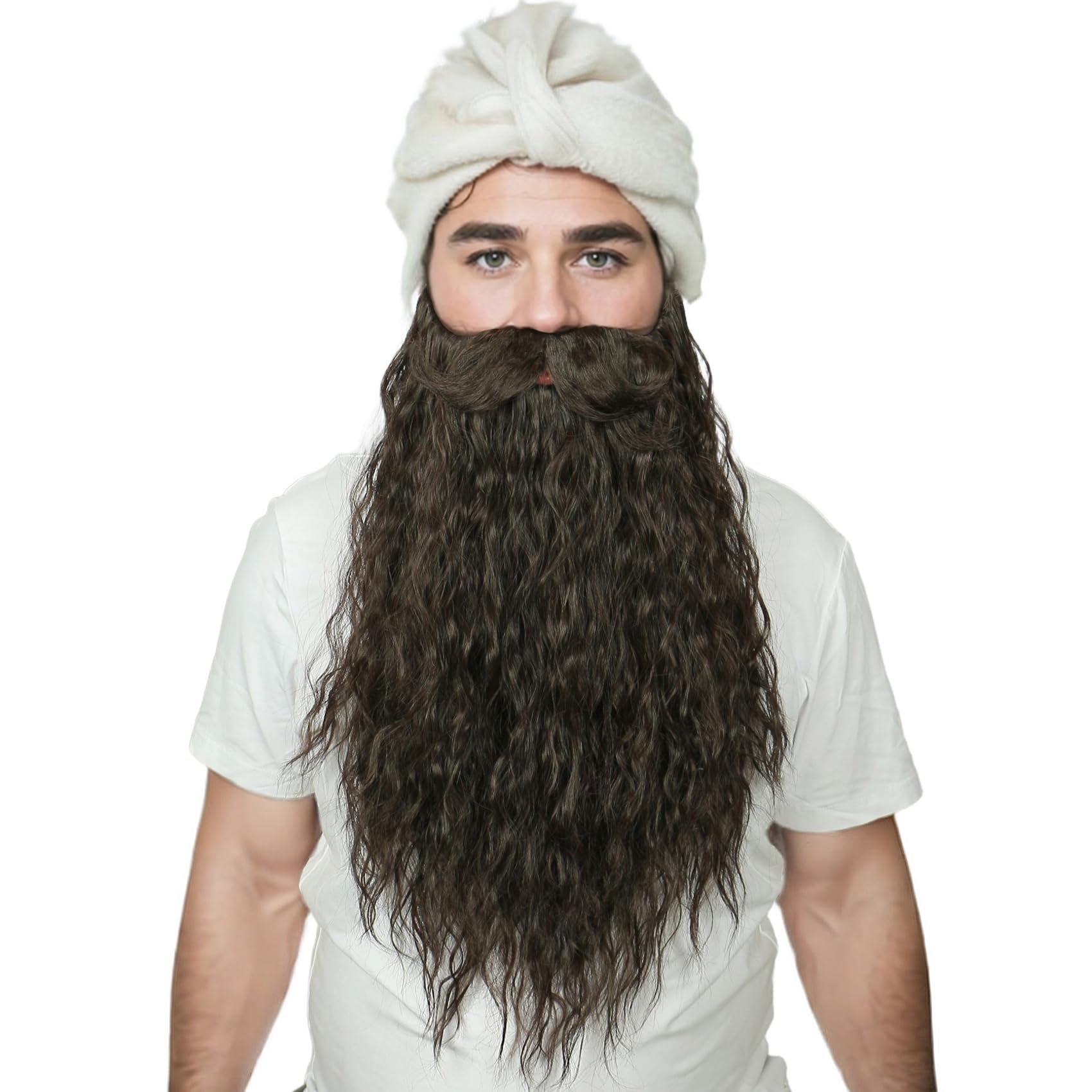 Linfairy Long Curly Synthetic Fake Beard Mustache for Wizard Costume and Halloween Party for Adults (Brown)