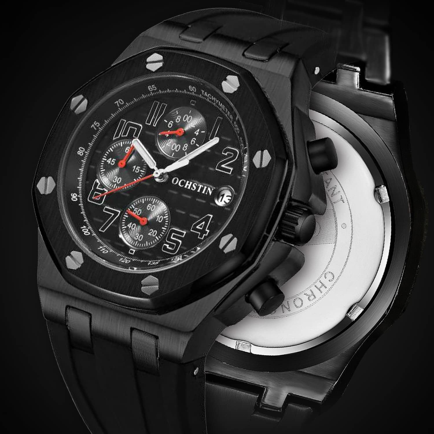 TEINTOP Ochstin Precision Chronograph męski zegarek biznesowy męski ośmiokątne zegarki, Czarny pomarańczowy, Klasyczny