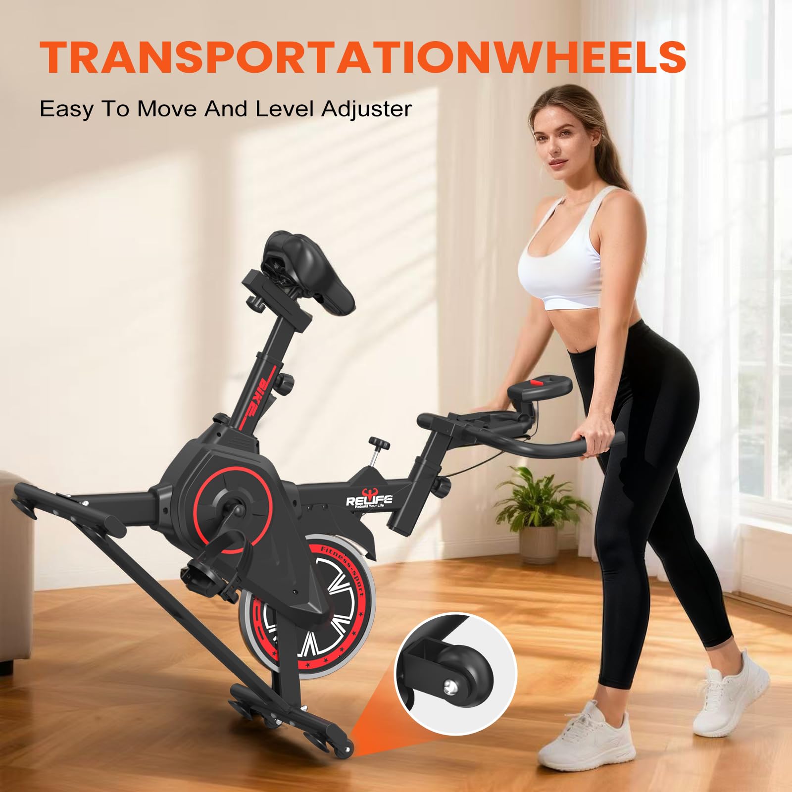 RELIFE REBUILD YOUR LIFE Exercise Bike Stationary for Home Indoor,Cycling Bike with Silent Belt Drive for Home Cardio,Brake Pad Resistance with djustable & Comfort Seat/PAD Holder/LCD Monitor.