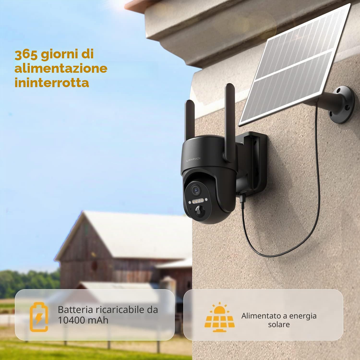 LEMNOI 4G Solare Telecamera con SIM Preinstallato, 2K HD, Impermeabile | Telecamera 2K PTZ Esterna con Pannello Solare, Visione Notturna a Colori, Rilevamento PIR, Accesso Remoto