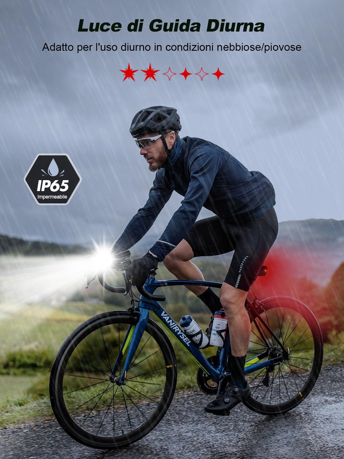 Glangeh Luci Bicicletta LED Ricaricabili USB, 4+6 Modalità & Impermeabile IP65 Luce Bici Potenti con Luce Laterali, Ricarica USB, Luci Posteriori per Moto per Guida Diurna/Notturna
