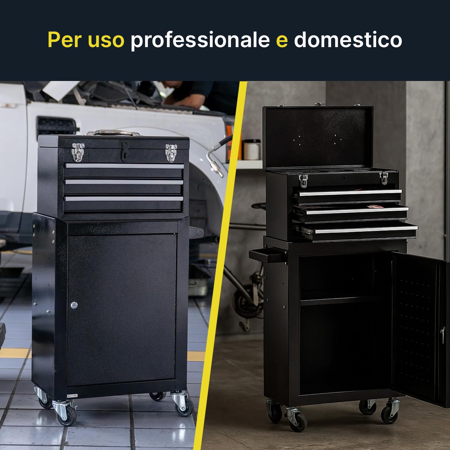 DAIMANN Carrello Porta Attrezzi Officina in Metallo - Banco da Lavoro Mobile con 3 Cassetti Scorrevoli e Armadietto con Serratura - 4 Ruote Girevoli e Maniglia Ergonomica - Organizer per Garage