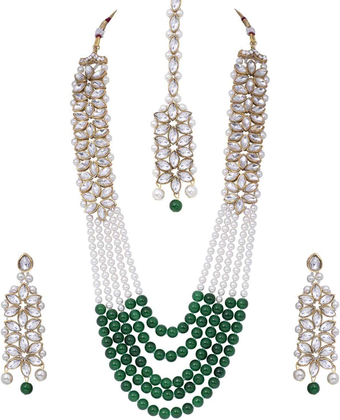 Aheli Classy Faux Kundan Beaded Pearl Long Necklace with Maang Tikka Set Indian Ethnic Wedding Bridal Jewelry Gift for Women Aheli Classy Faux Kundan Beaded Pearl Long Necklace with Maang Tikka Set Indian Ethnic Wedding Bridal Jewelry Gift for Women